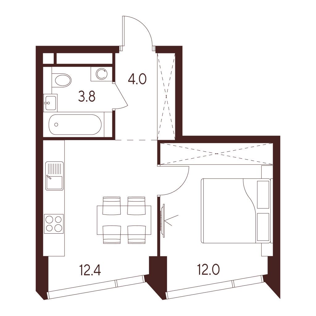 Планировка: 1-комнатная квартира, 32,2 м²
