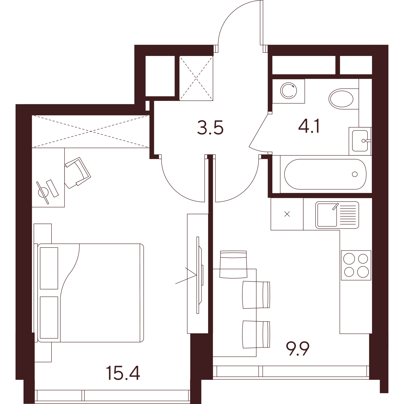 Планировка: 1-комнатная квартира, 32,9 м²