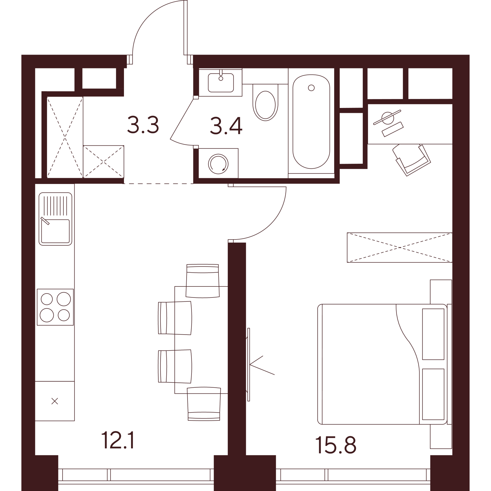 Планировка: 1-комнатная квартира, 34,6 м²