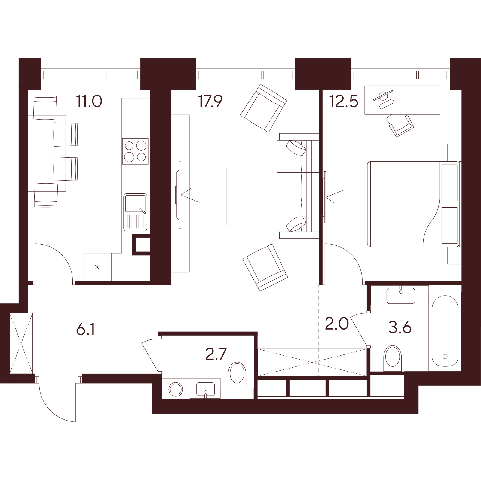 Планировка: 2-комнатная квартира, 55,8 м²