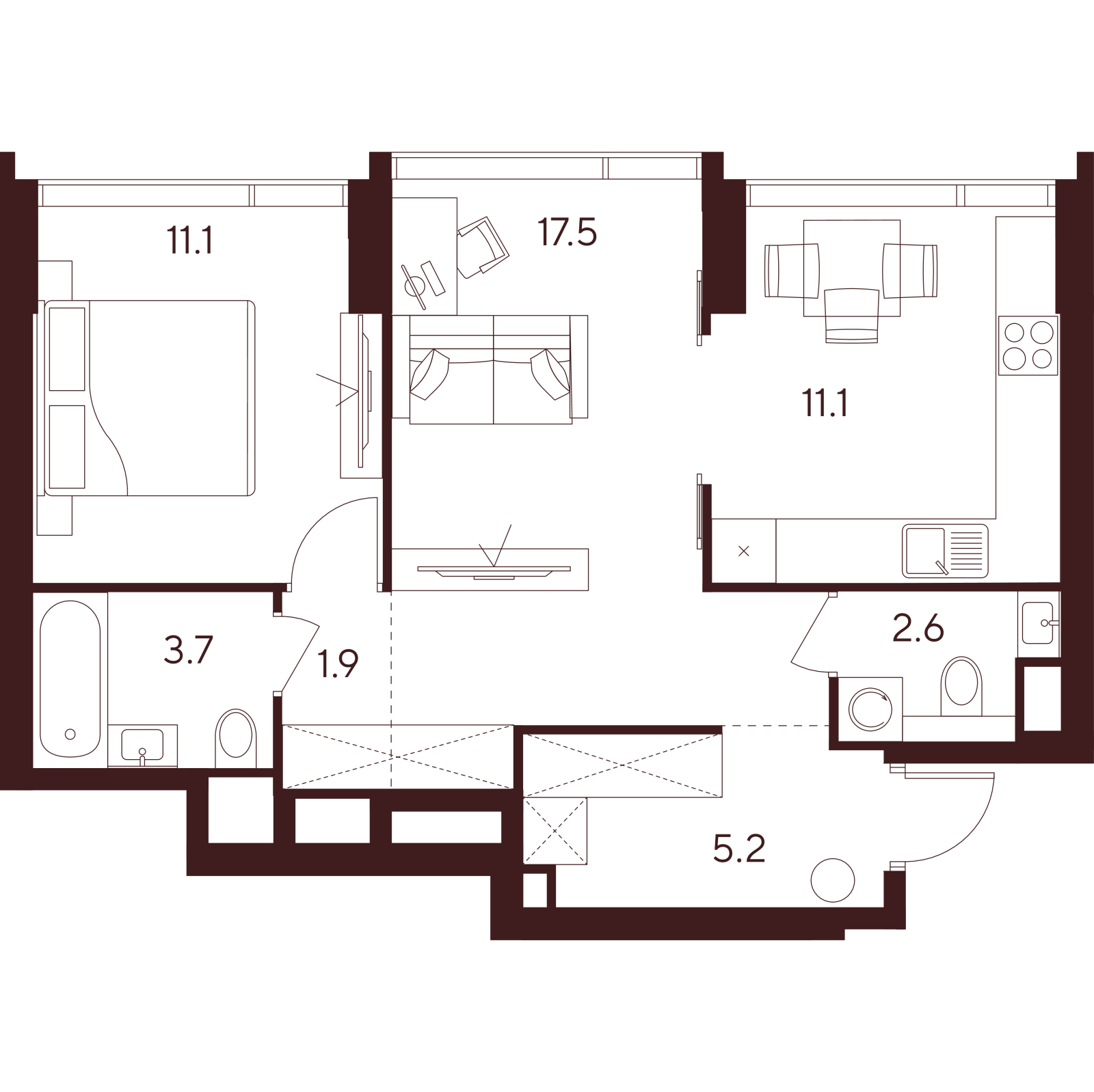 Планировка: 2-комнатная квартира, 53,1 м²