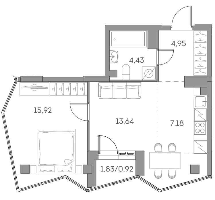 Планировка: 2-комнатная квартира, 47,0 м²