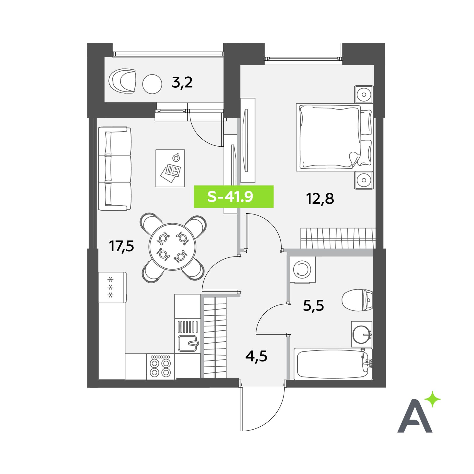 Планировка: 2-комнатная квартира, 41,9 м²
