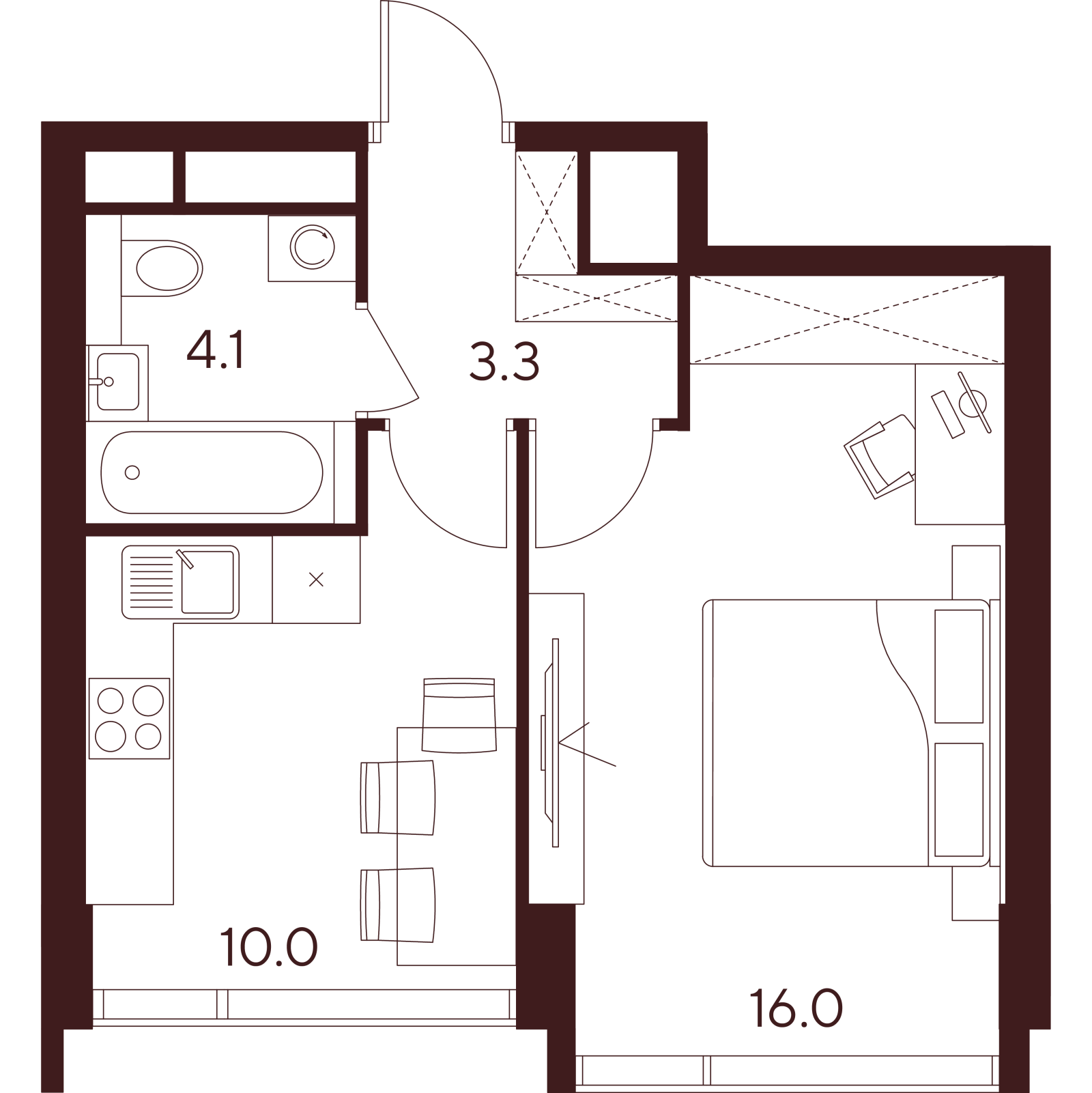 Планировка: 1-комнатная квартира, 33,4 м²