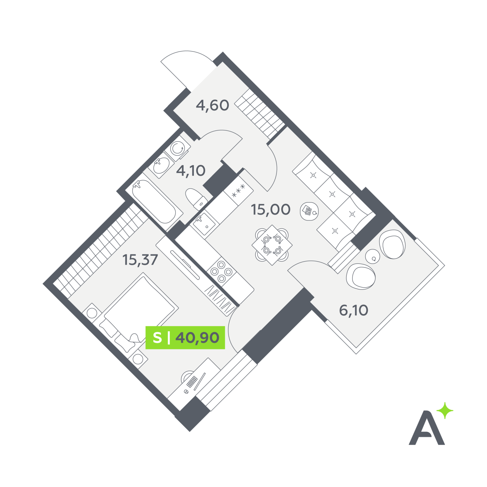 Планировка: 2-комнатная квартира, 40,9 м²