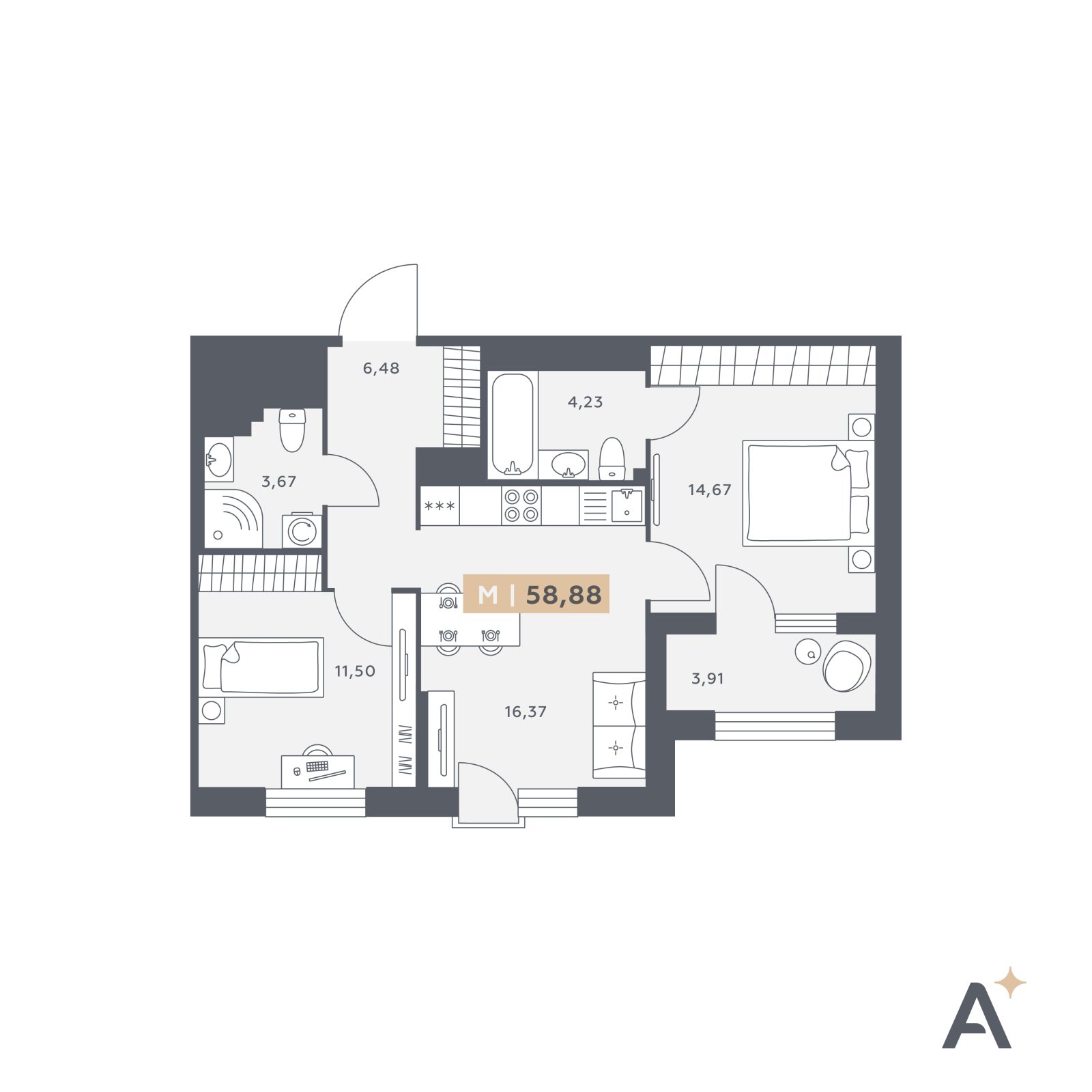 Планировка: 3-комнатная квартира, 58,9 м²
