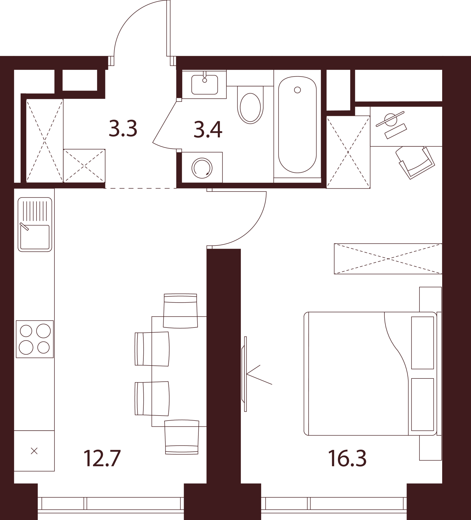 Планировка: 1-комнатная квартира, 35,7 м²