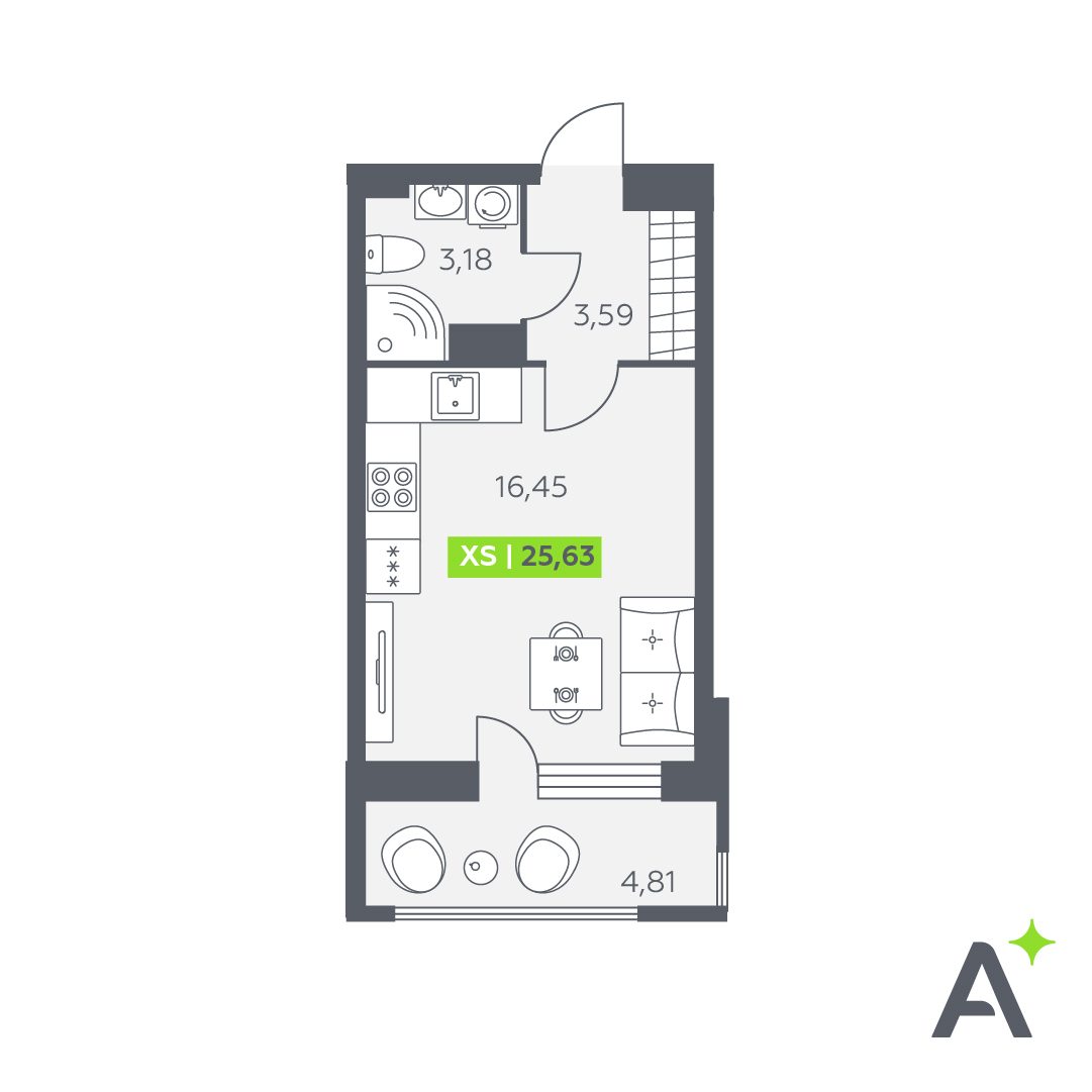 Планировка: студия, 25,6 м²