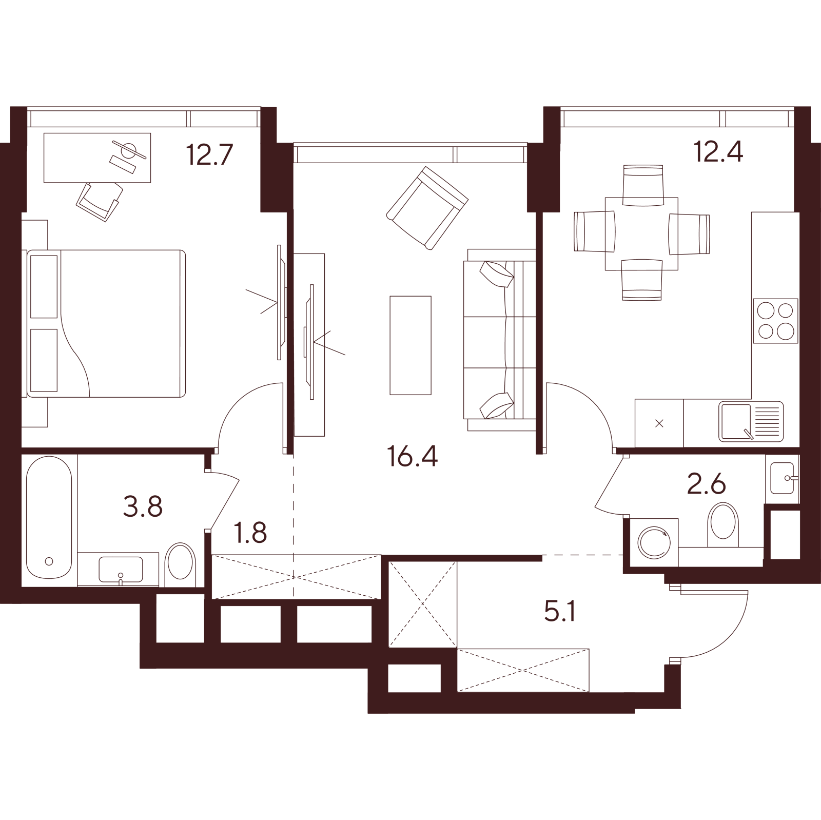 Планировка: 2-комнатная квартира, 54,8 м²