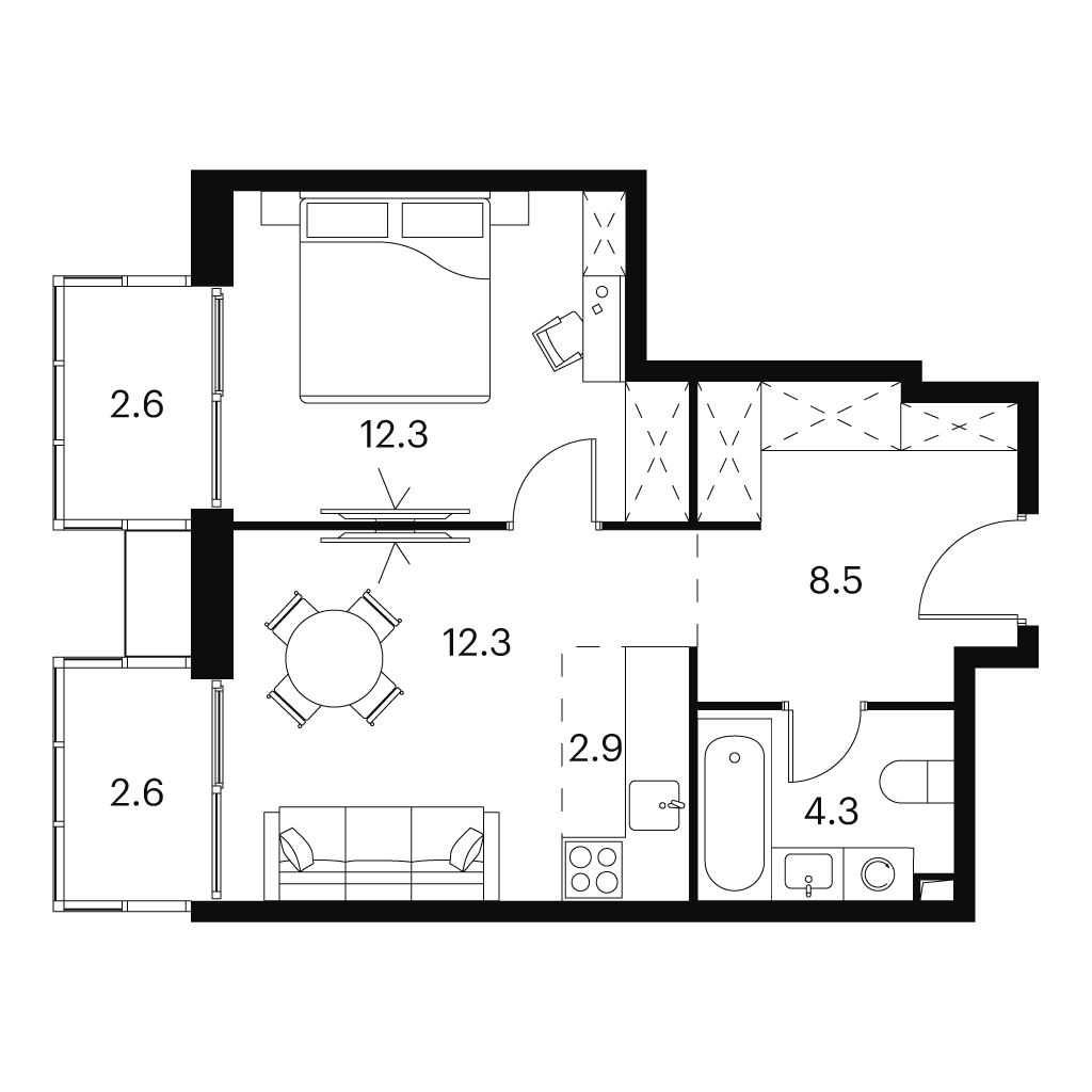 Планировка: 2-комнатная квартира, 45,5 м²