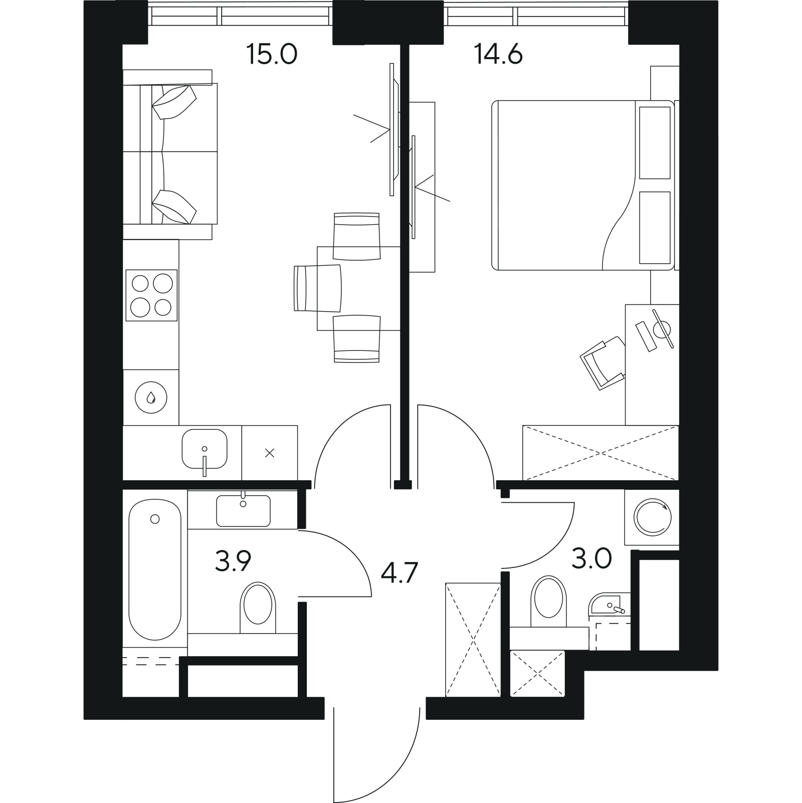 Планировка: 1-комнатная квартира, 41,2 м²