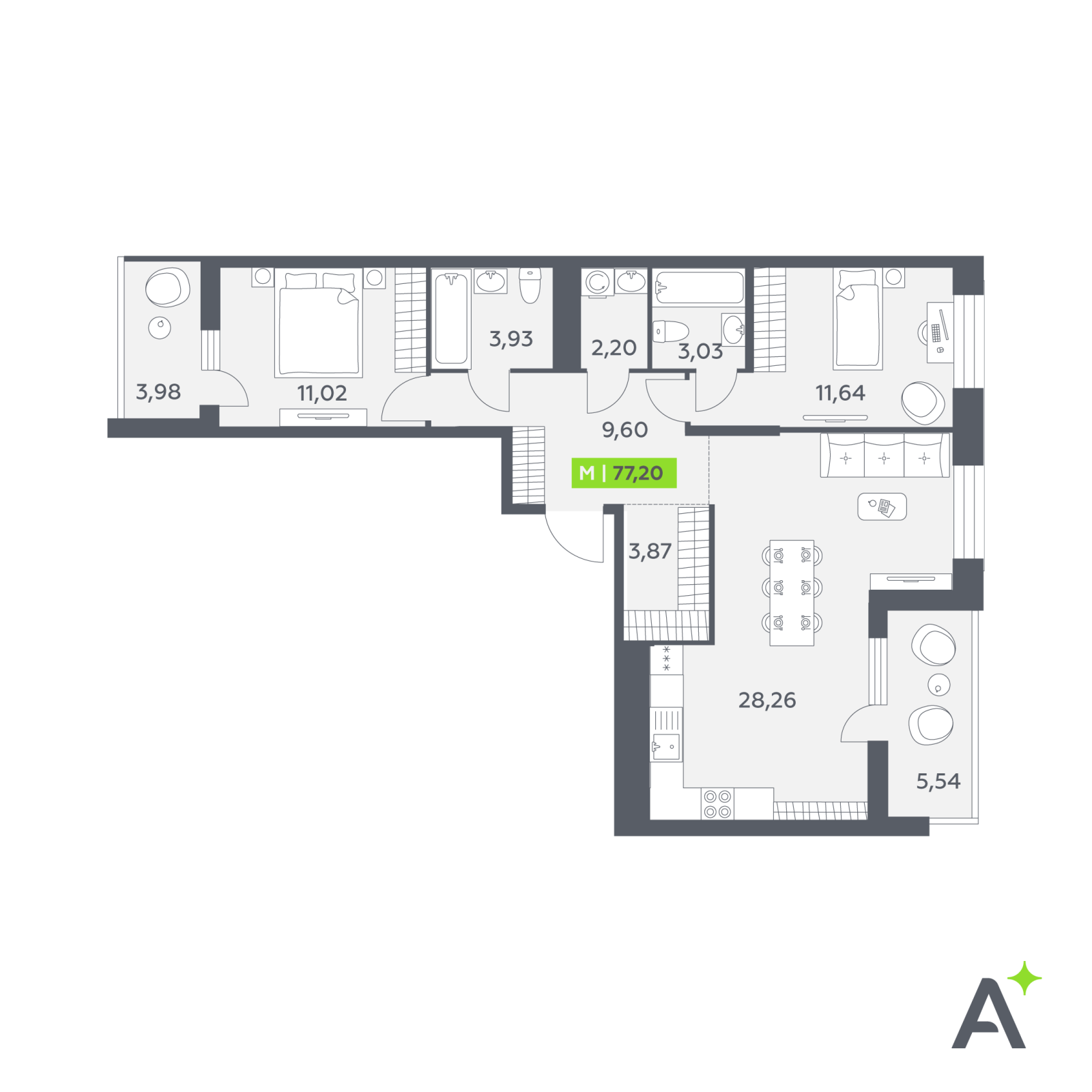 Планировка: 3-комнатная квартира, 77,2 м²