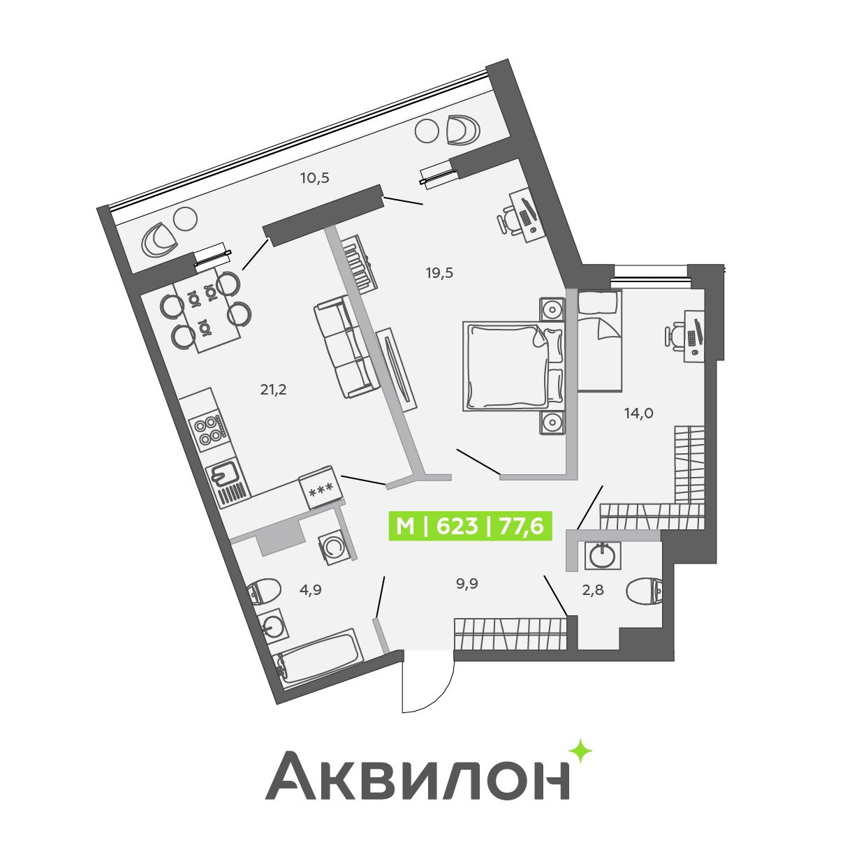 Планировка: 3-комнатная квартира, 77,6 м²