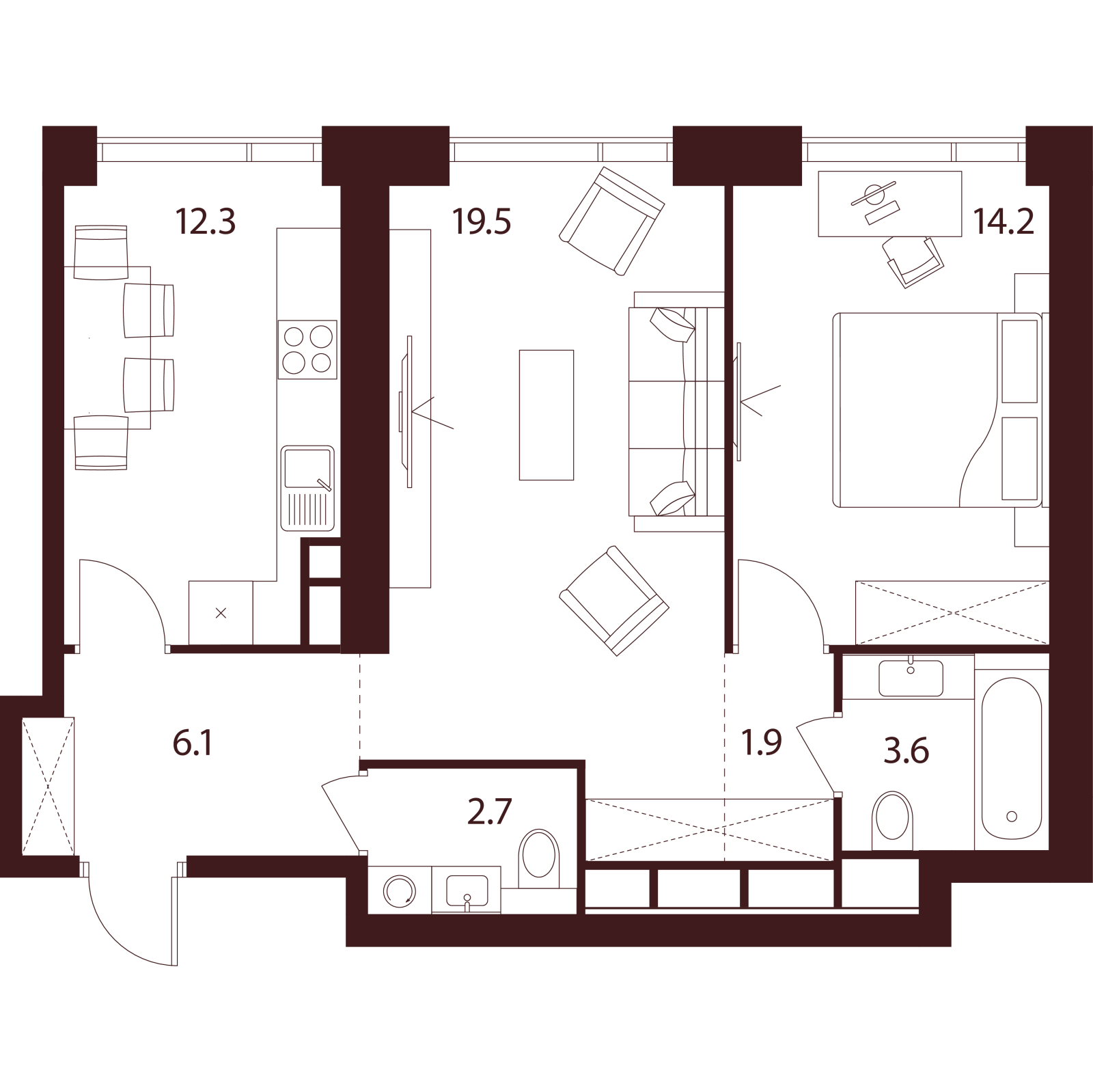 Планировка: 2-комнатная квартира, 60,3 м²
