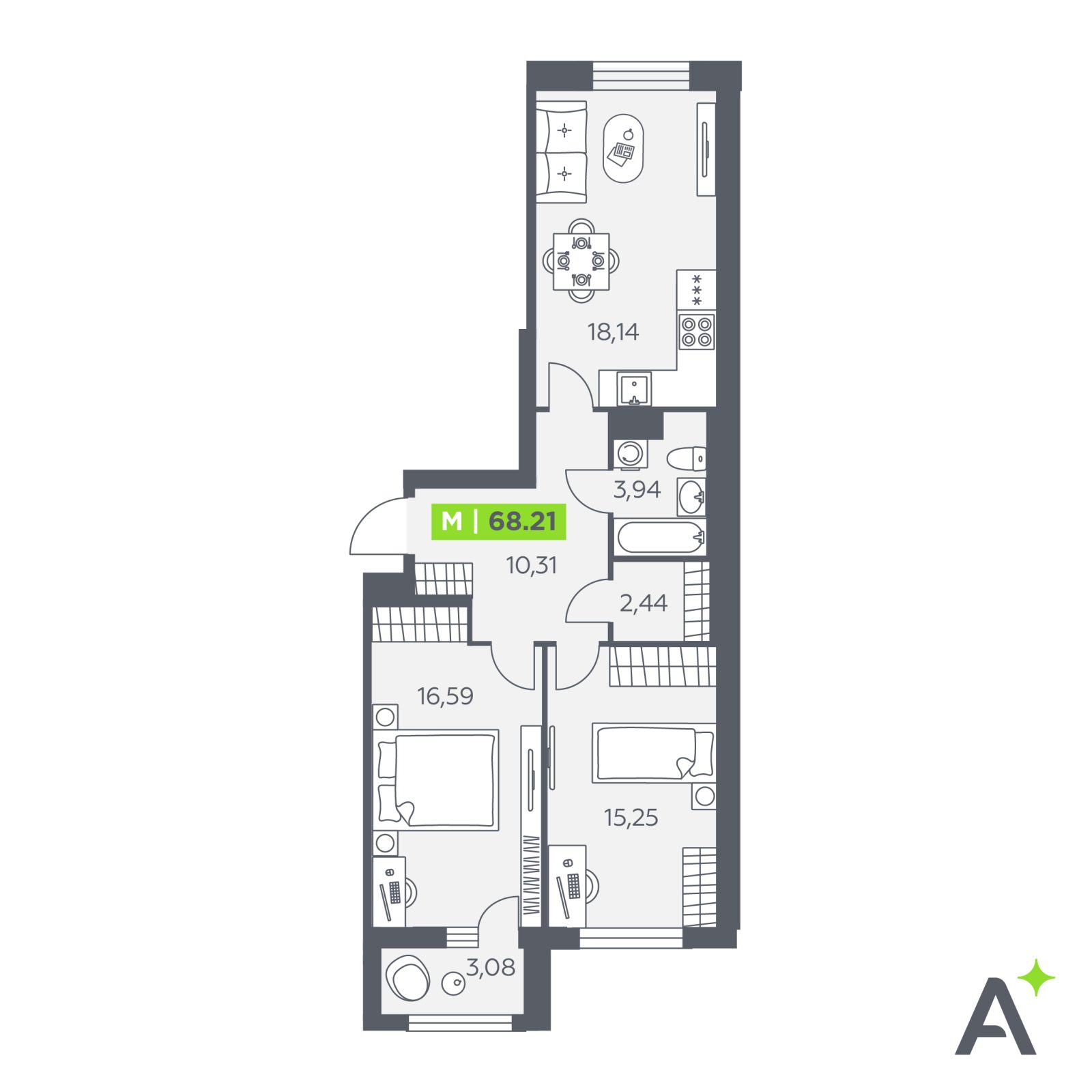 Планировка: 3-комнатная квартира, 68,2 м²