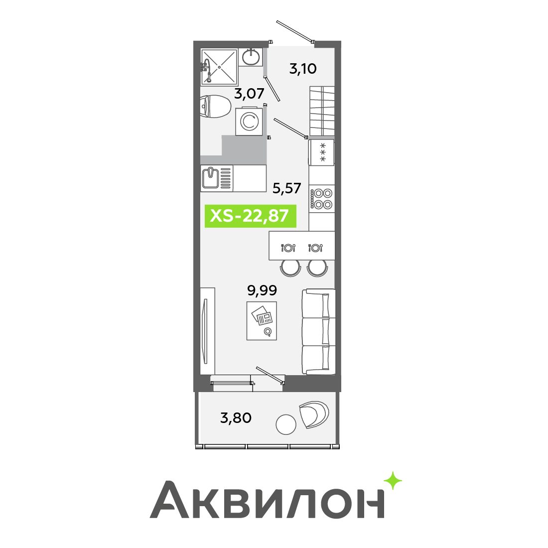 Планировка: студия, 22,9 м²