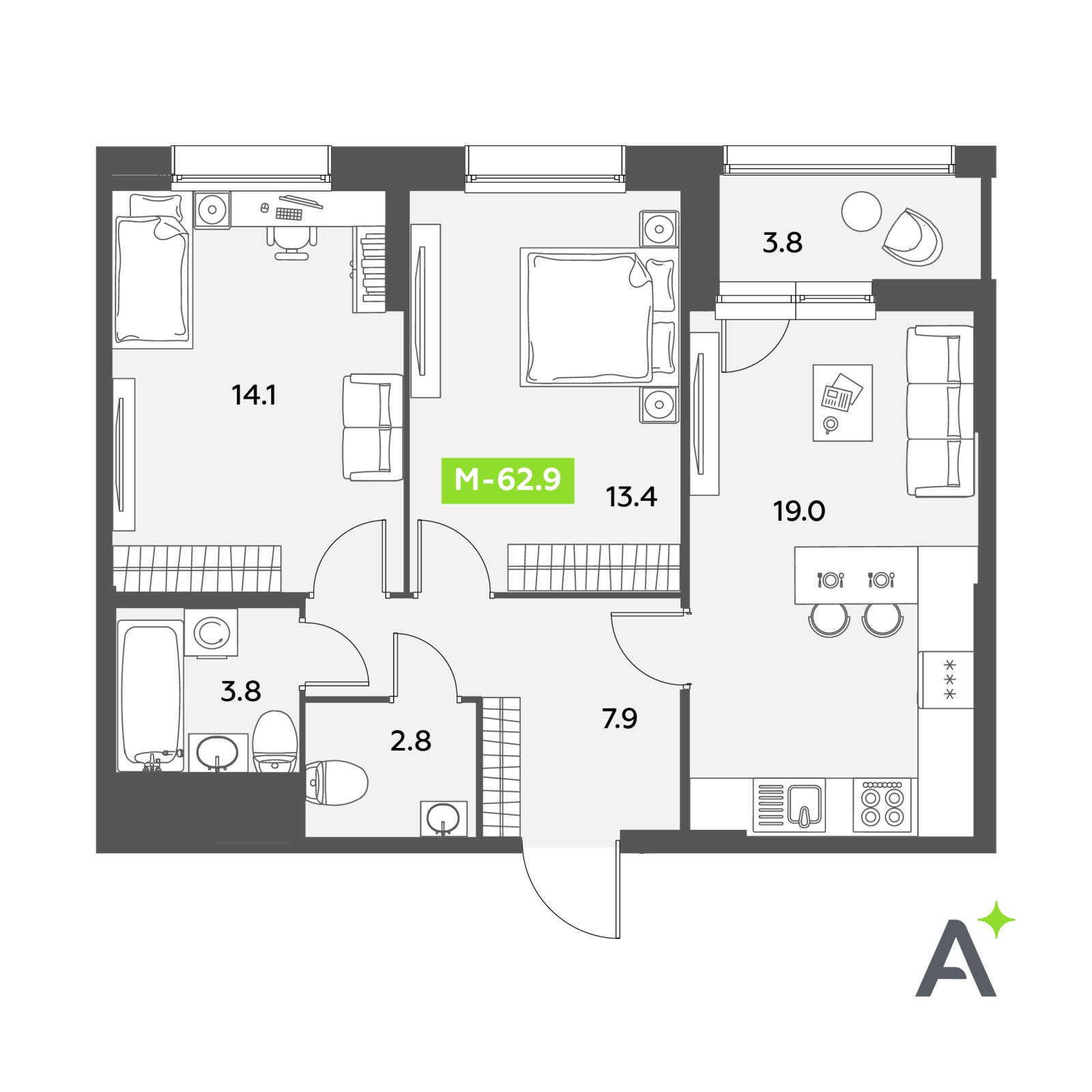 Планировка: 3-комнатная квартира, 62,9 м²