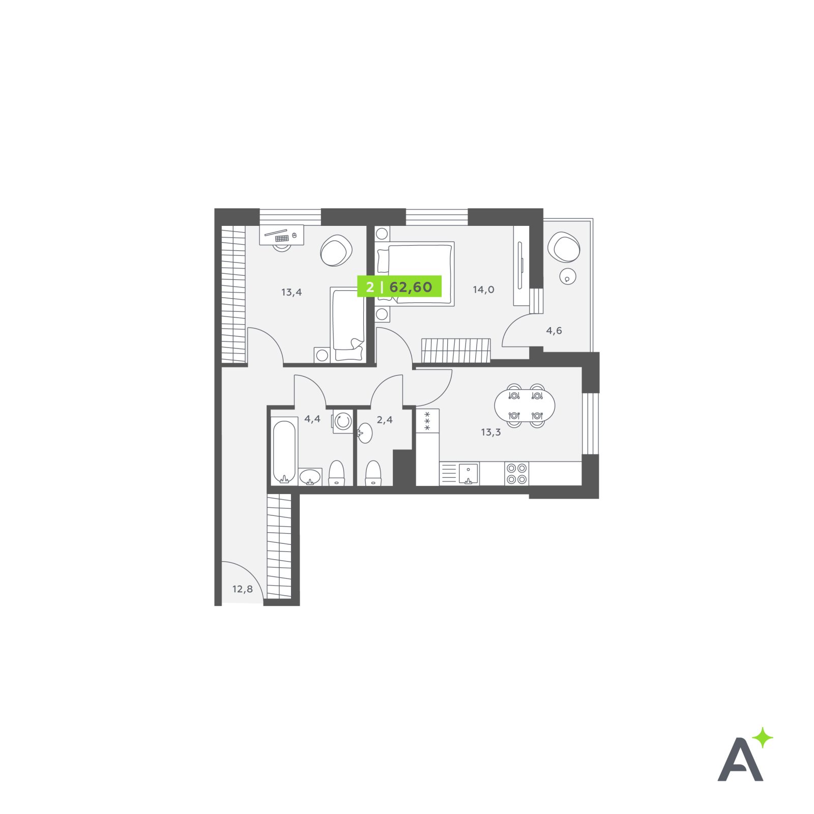 Планировка: 2-комнатная квартира, 62,6 м²