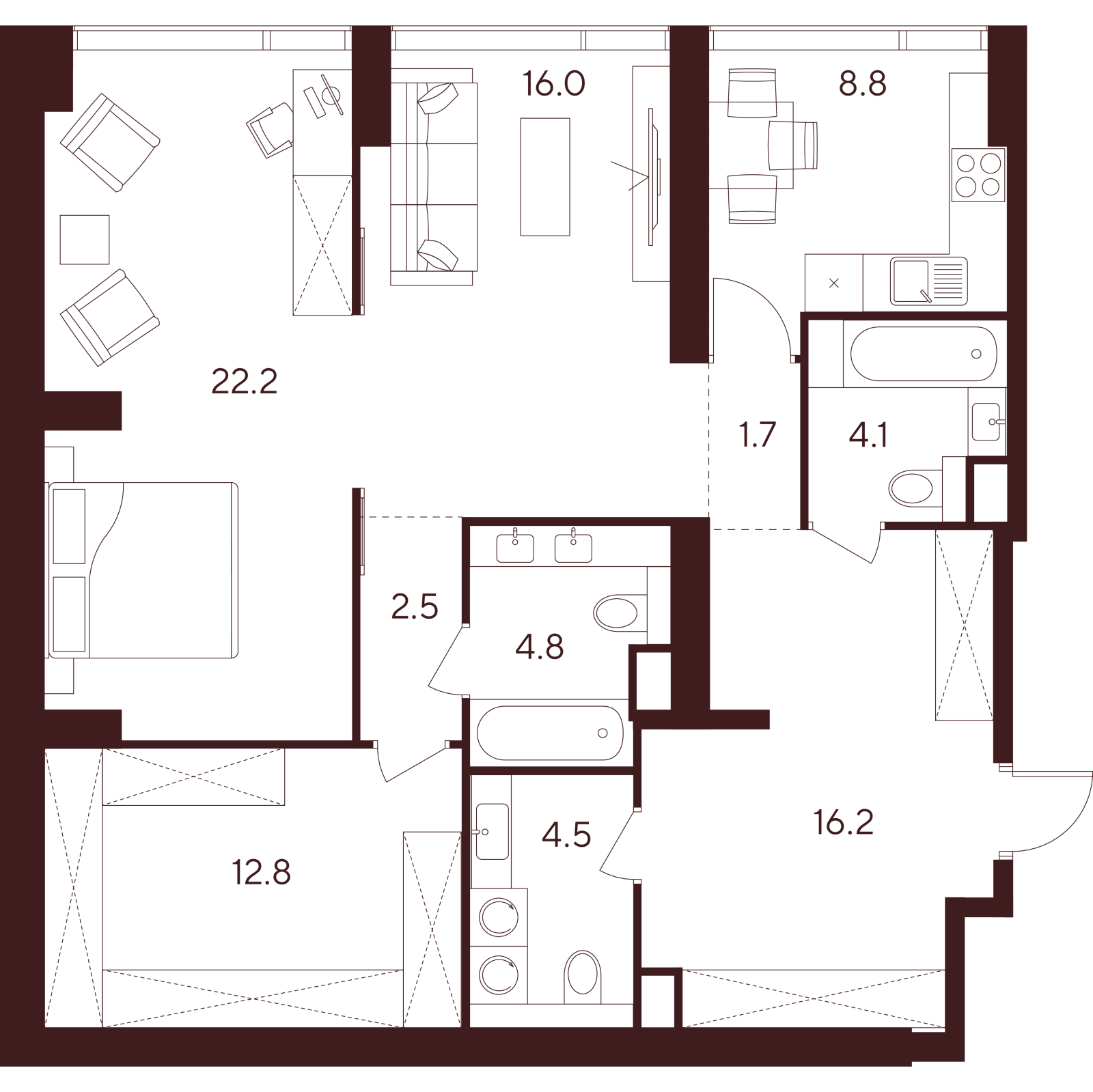 Планировка: 2-комнатная квартира, 93,6 м²