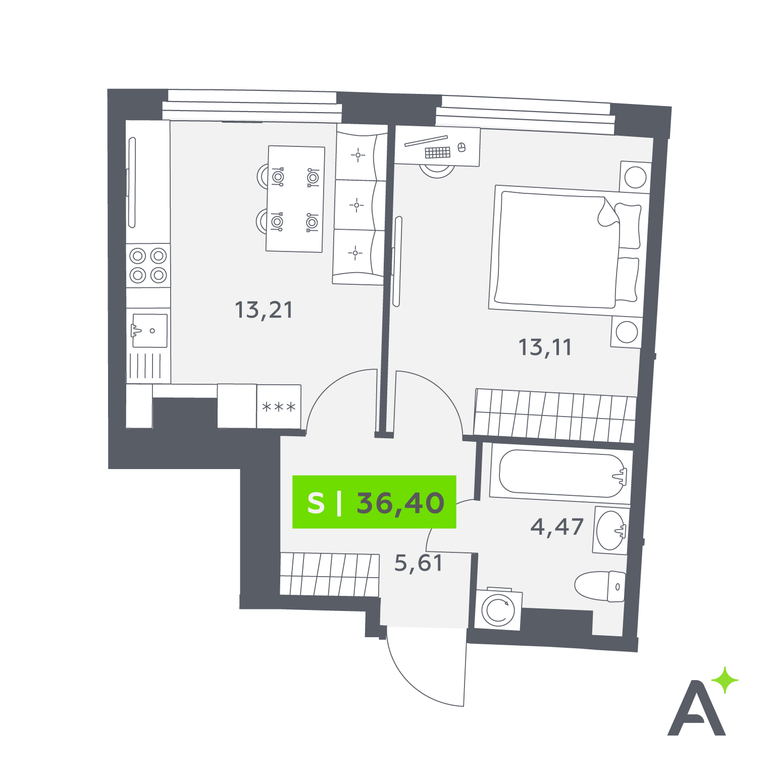 Планировка: 2-комнатная квартира, 36,4 м²