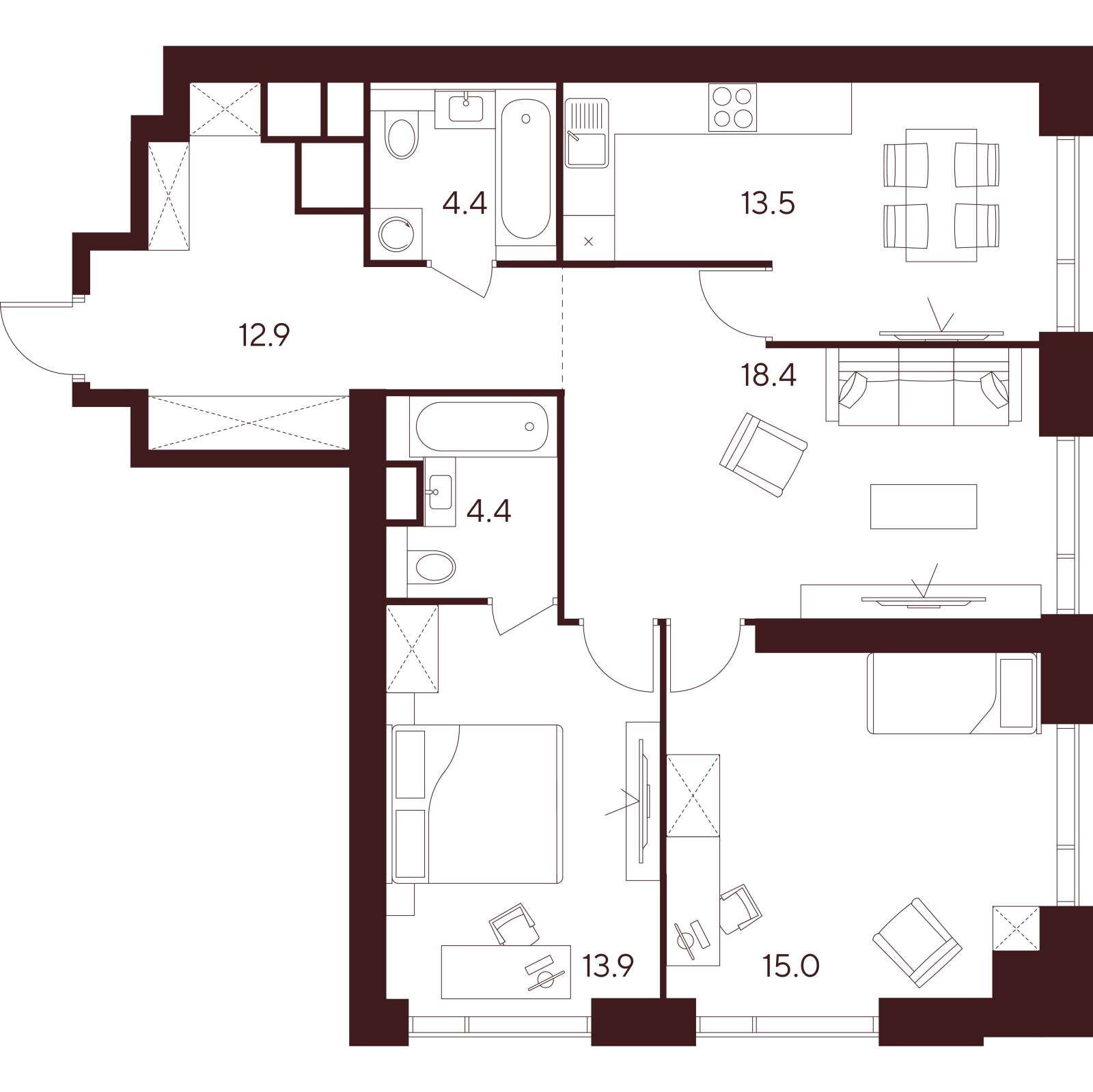 Планировка: 3-комнатная квартира, 82,5 м²