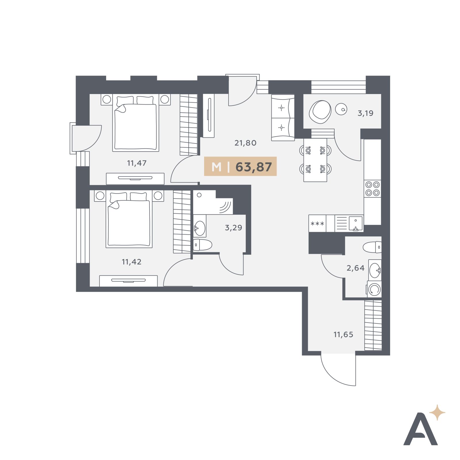 Планировка: 3-комнатная квартира, 63,9 м²