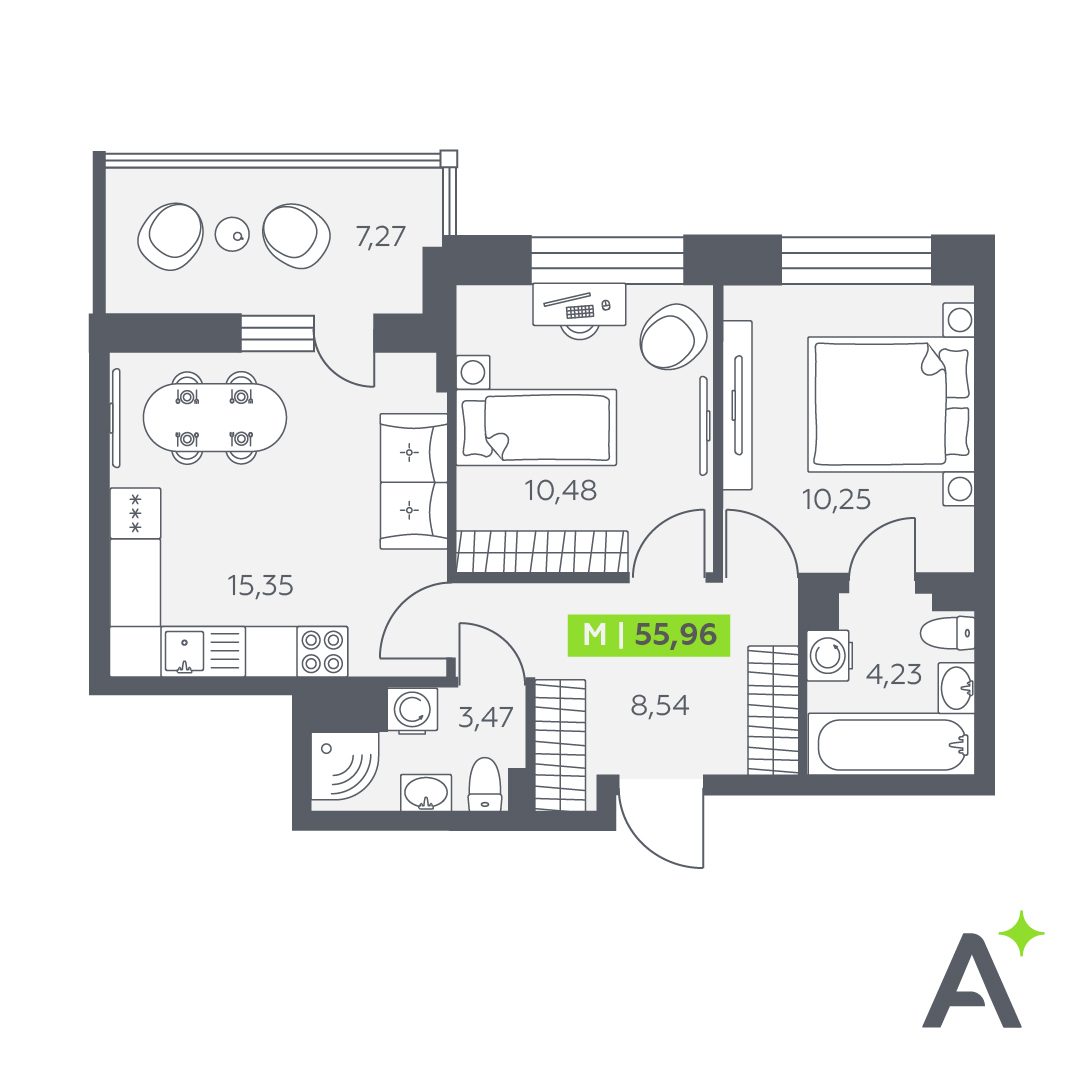 Планировка: 3-комнатная квартира, 56,0 м²