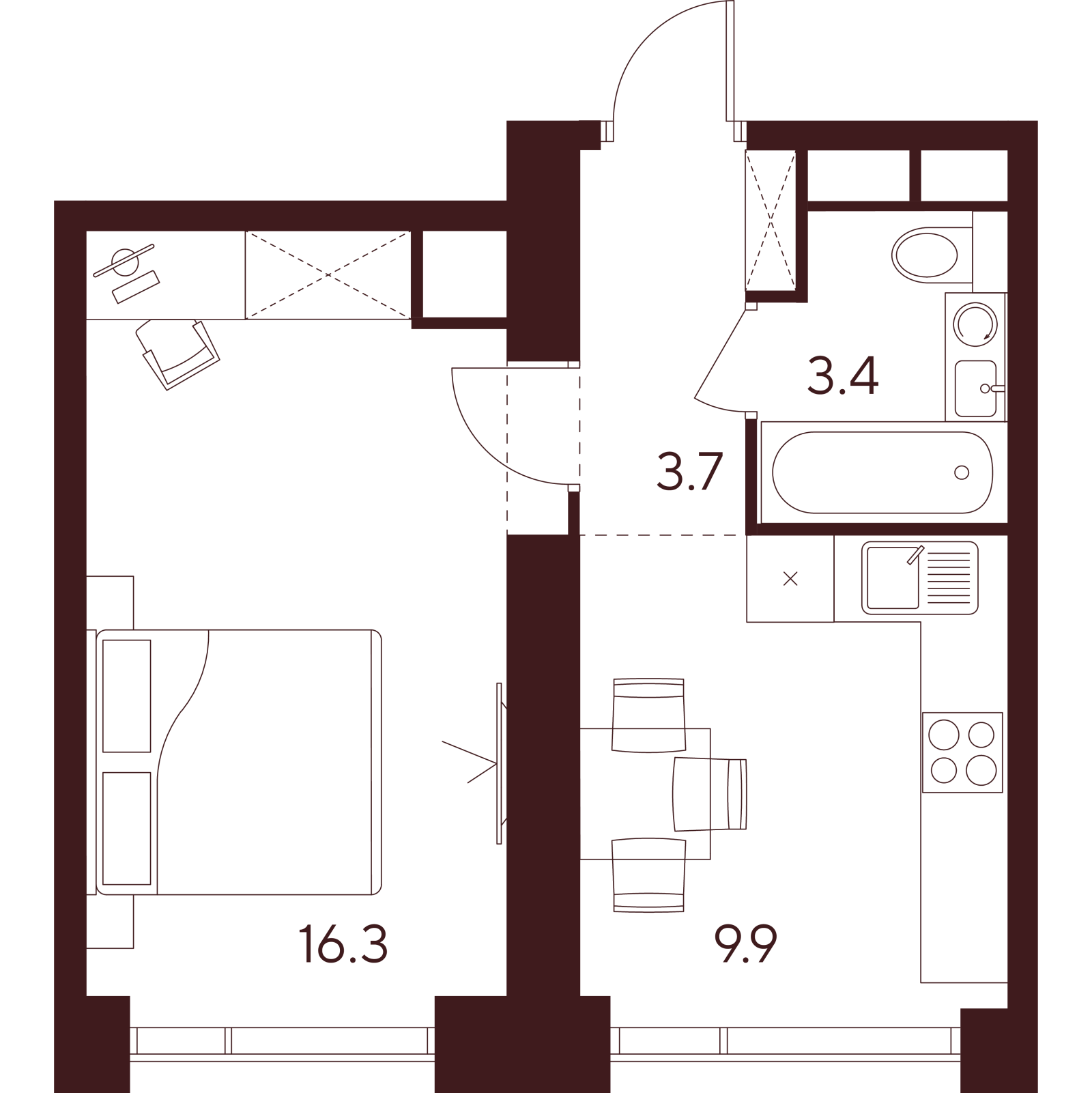 Планировка: 1-комнатная квартира, 33,3 м²