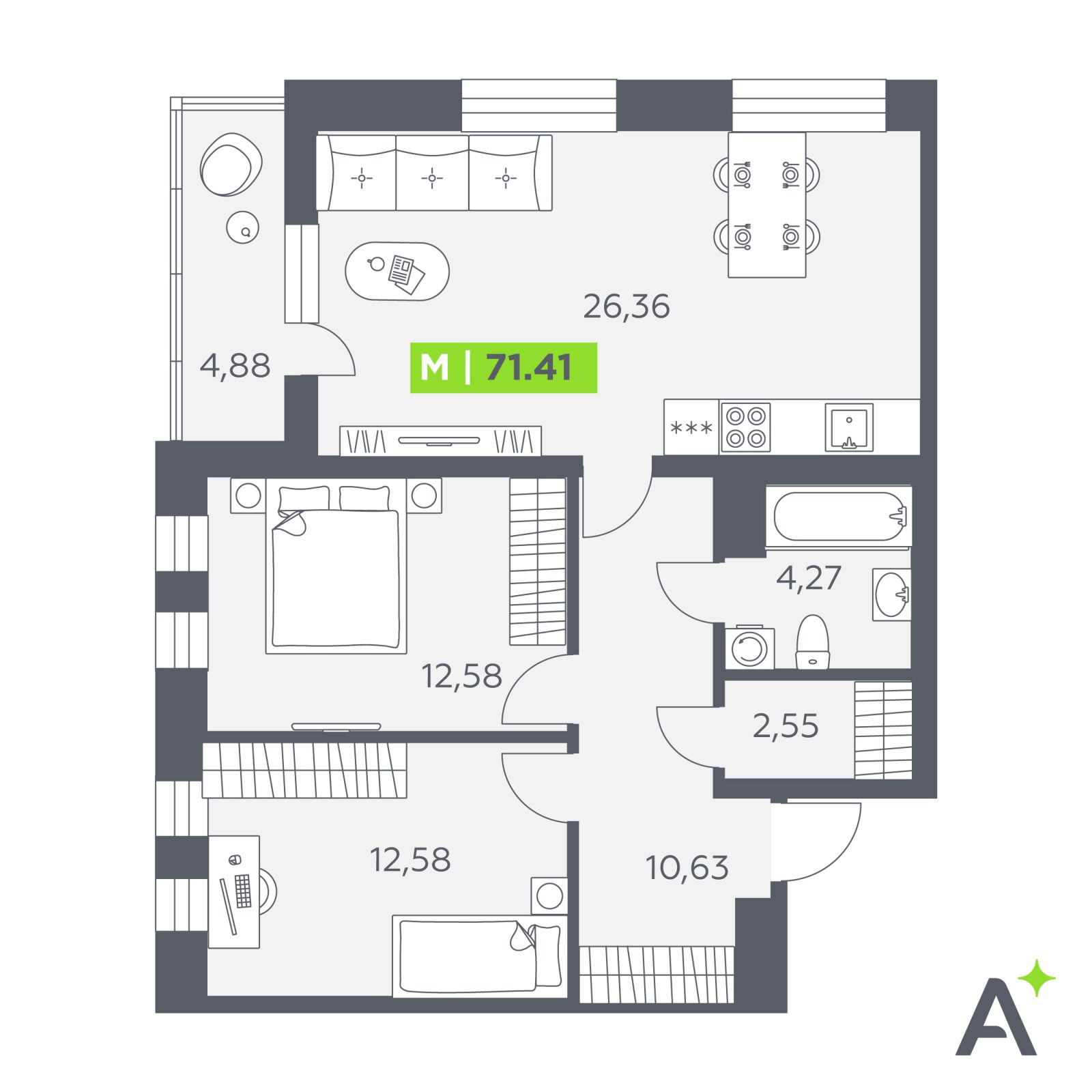 Планировка: 3-комнатная квартира, 71,4 м²
