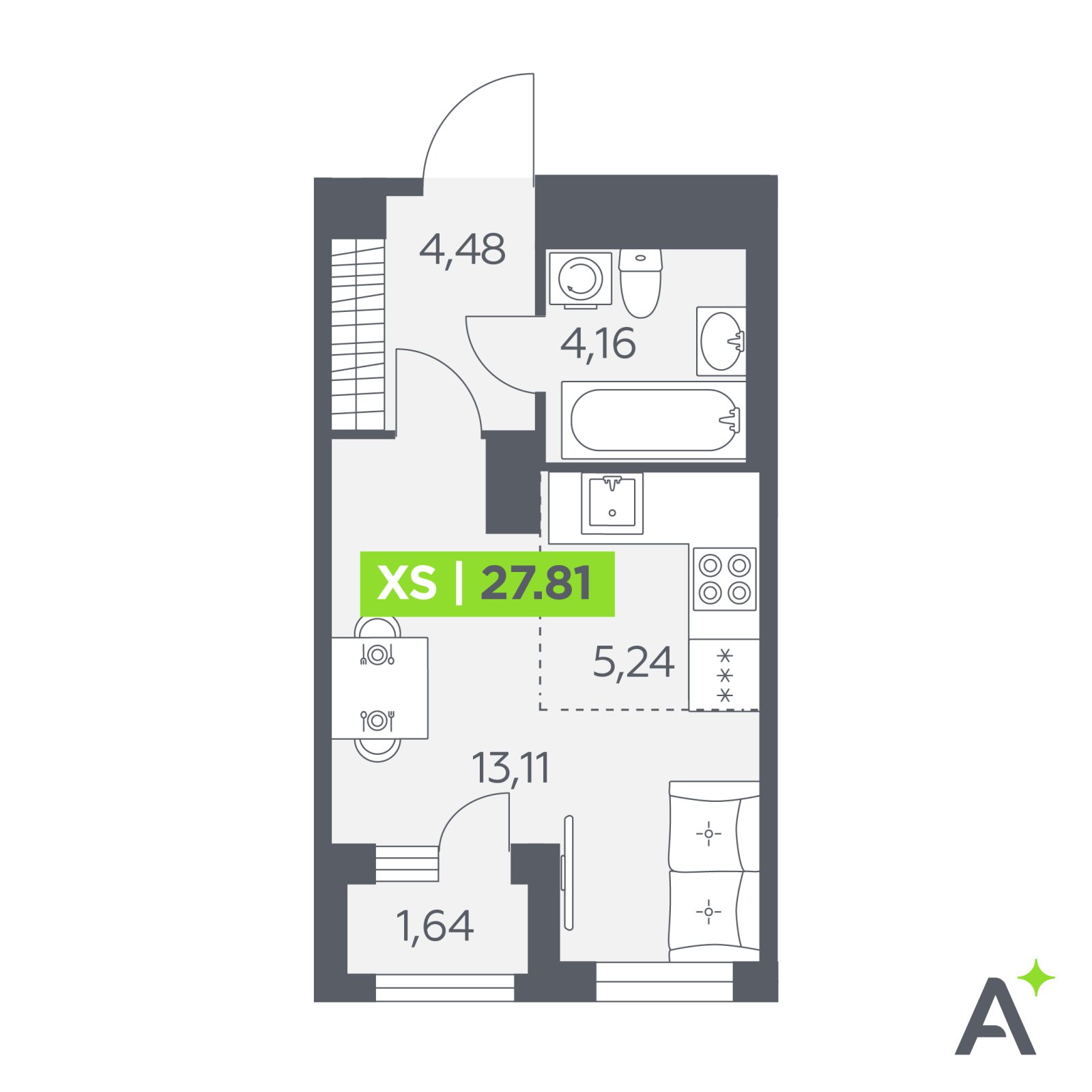 Планировка: студия, 27,8 м²