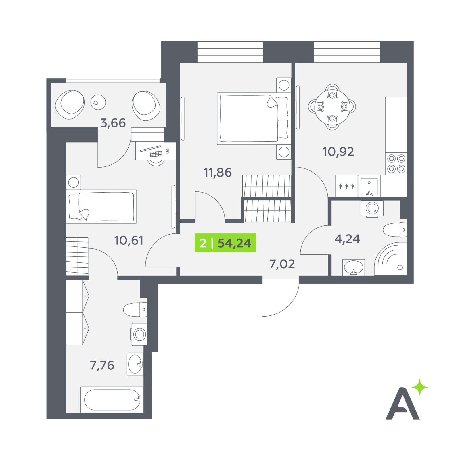Планировка: 2-комнатная квартира, 54,2 м²