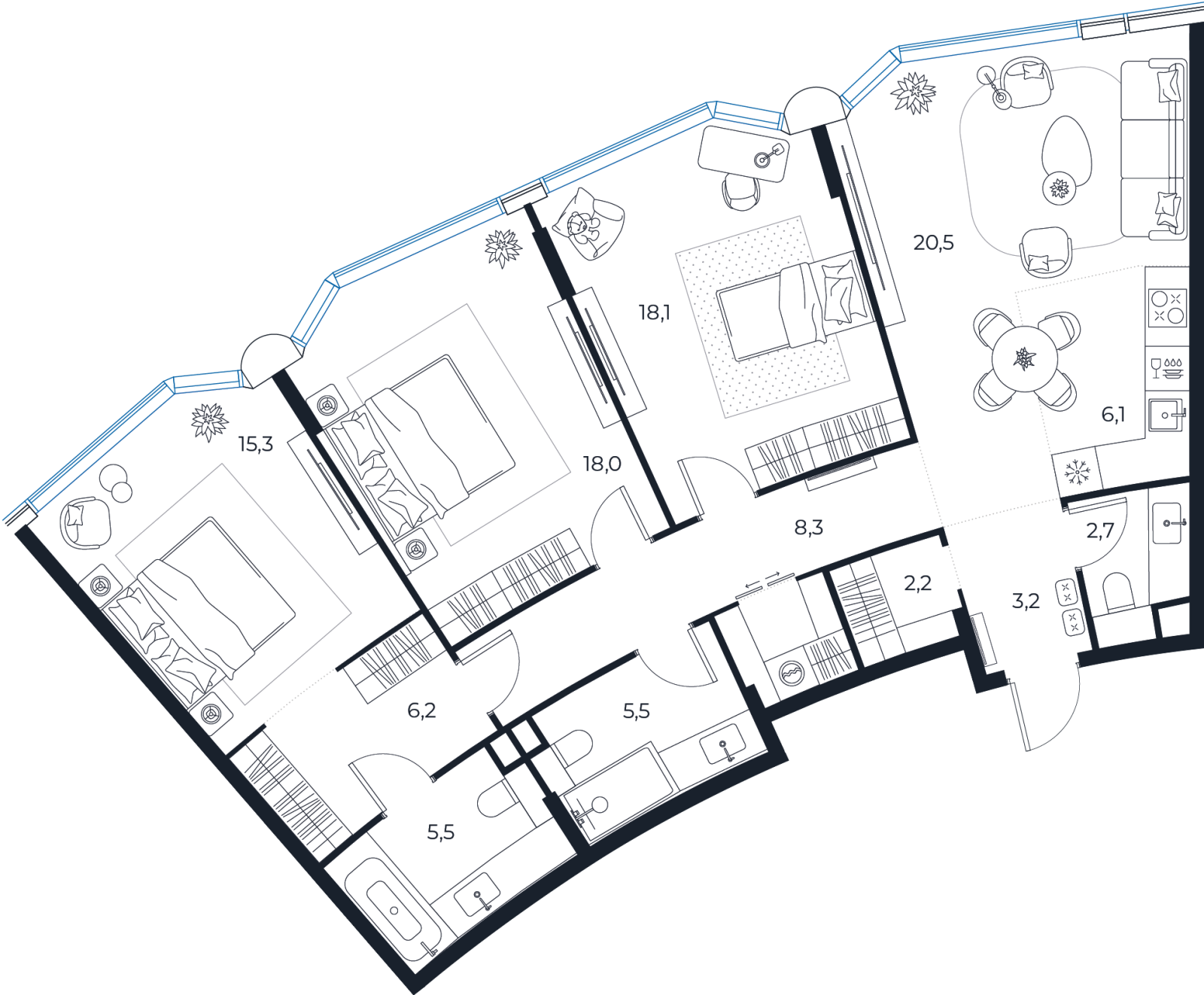 Планировка: 3-комнатная квартира, 114,7 м²