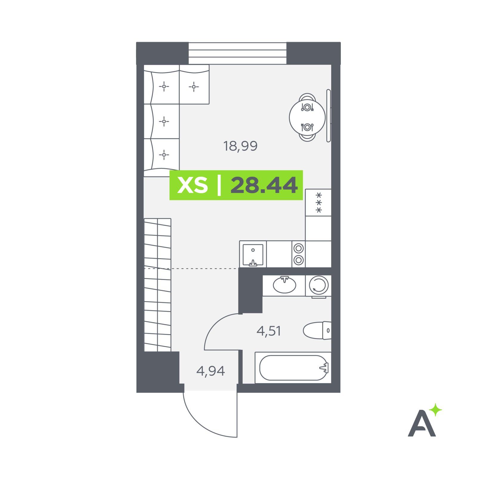 Планировка: студия, 28,4 м²