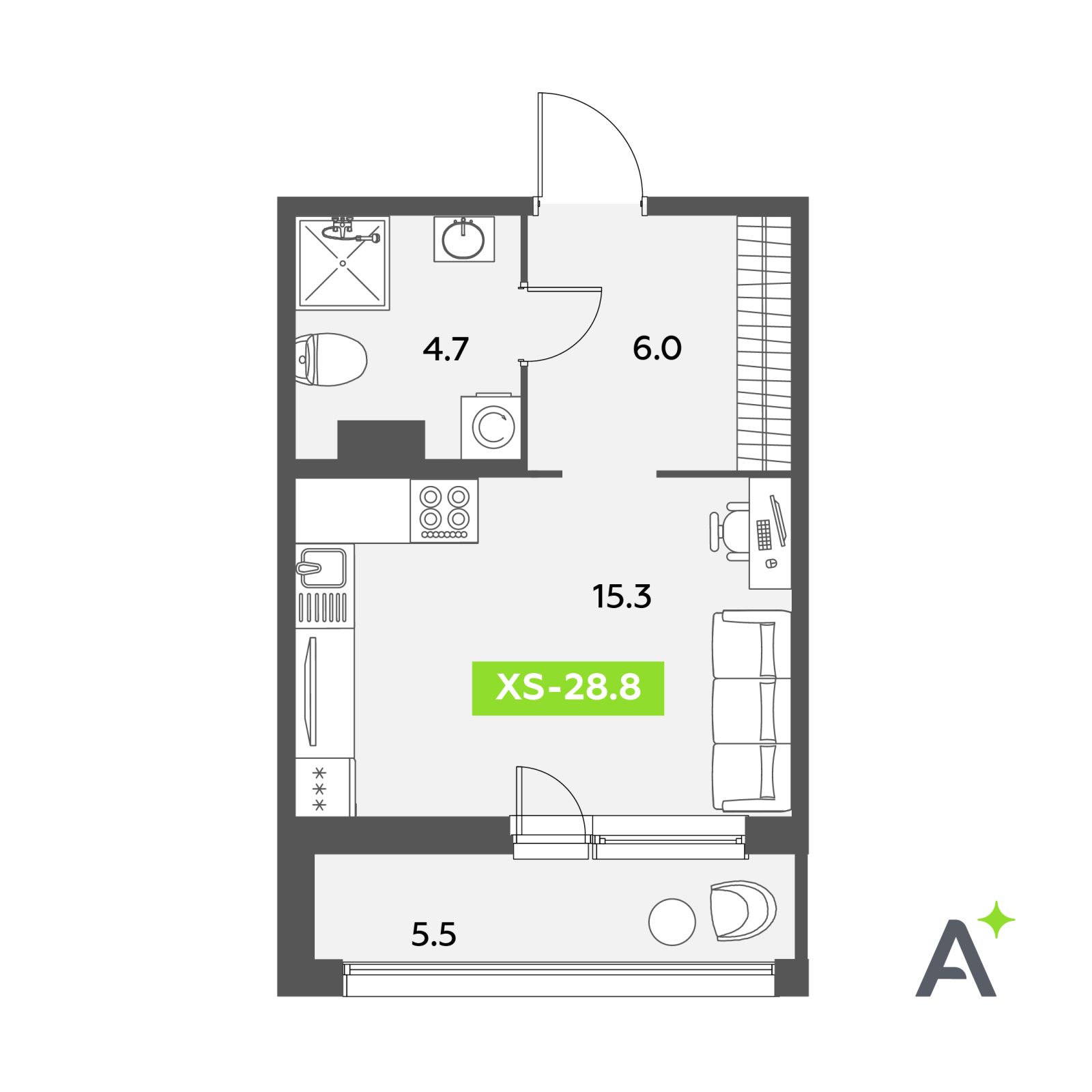 Планировка: студия, 28,8 м²