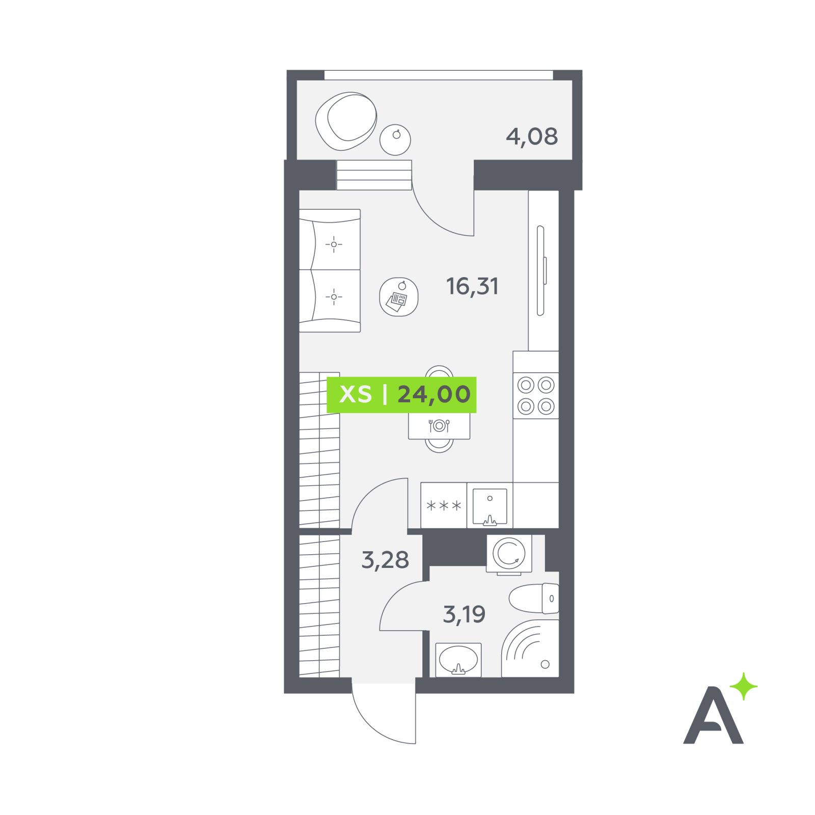 Планировка: студия, 24,0 м²