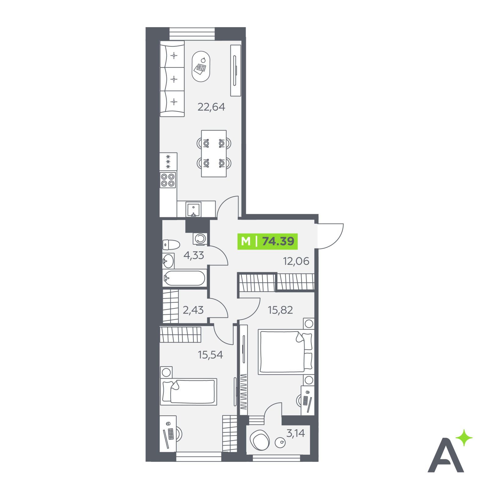 Планировка: 3-комнатная квартира, 74,4 м²