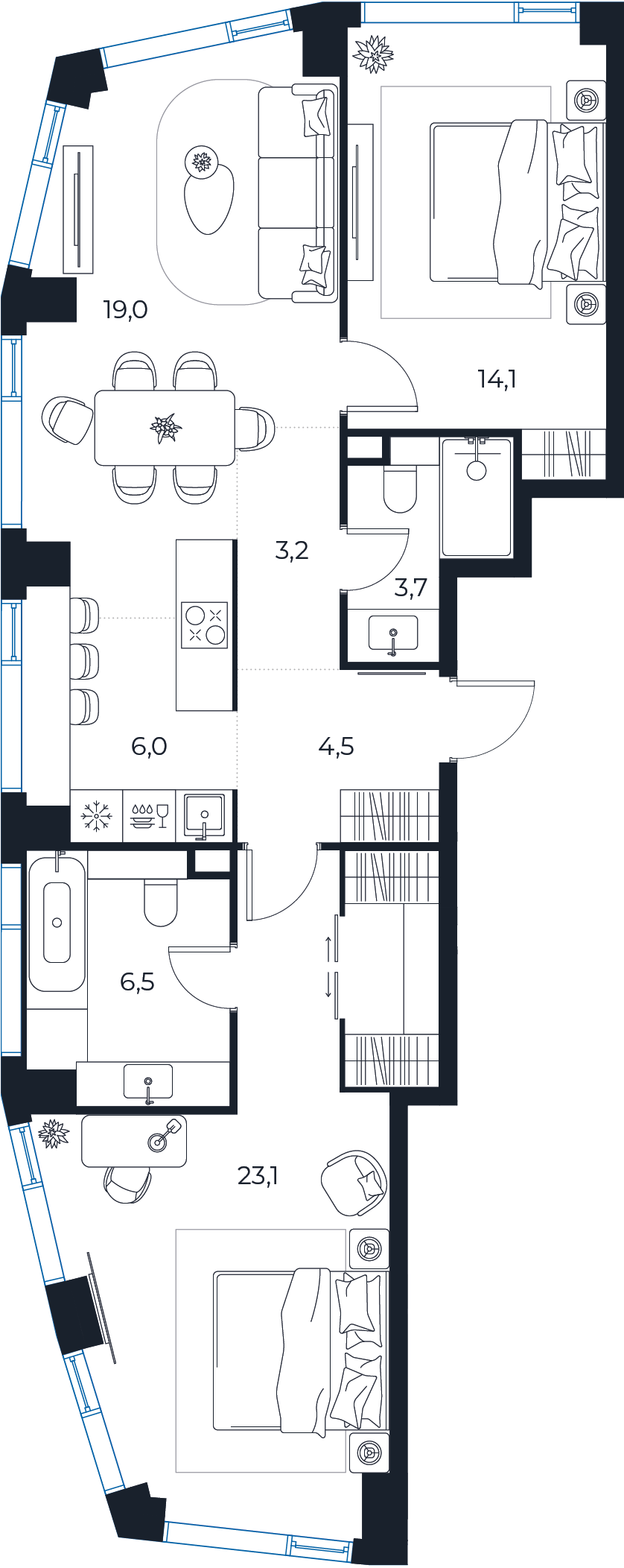 Планировка: 2-комнатная квартира, 80,1 м²