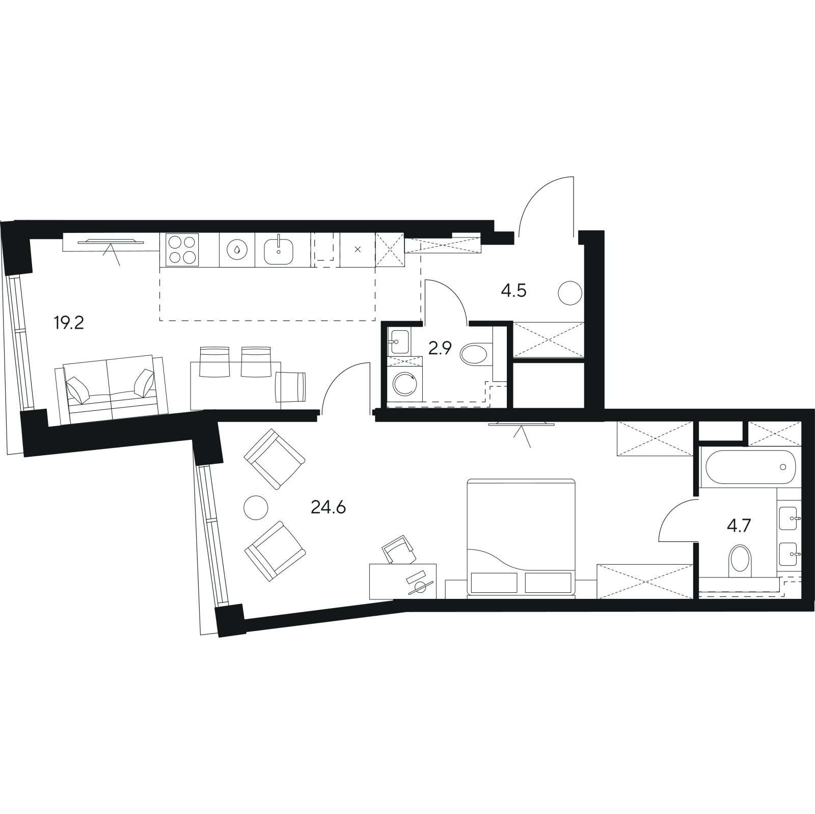 Планировка: 2-комнатная квартира, 55,9 м²