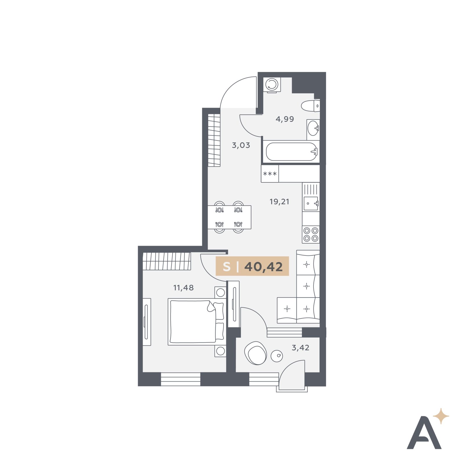 Планировка: 2-комнатная квартира, 40,4 м²
