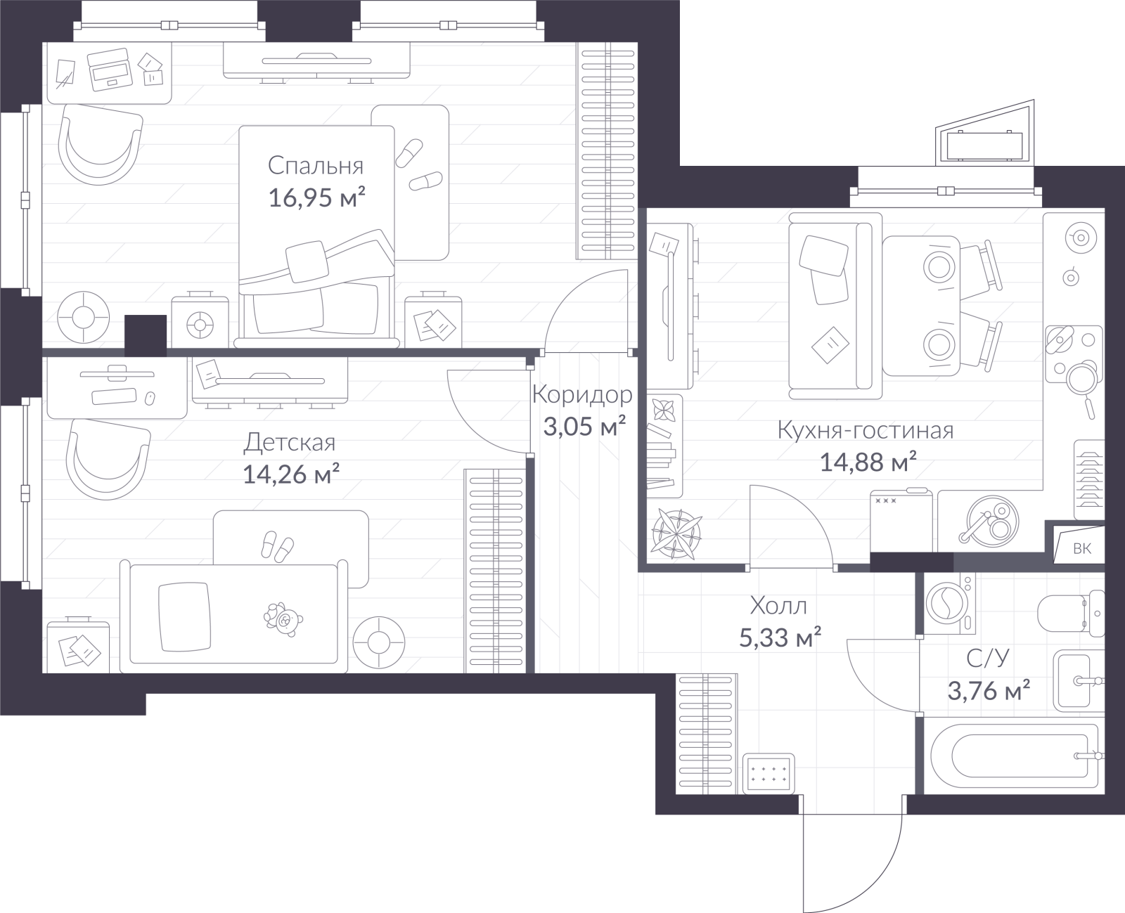 Планировка: 3-комнатная квартира, 58,2 м²