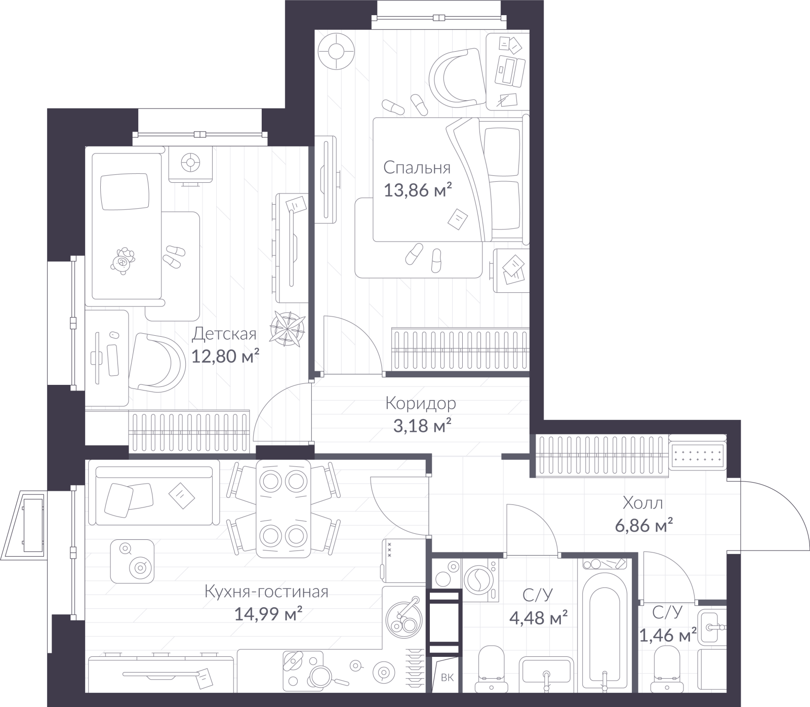 Планировка: 3-комнатная квартира, 57,6 м²
