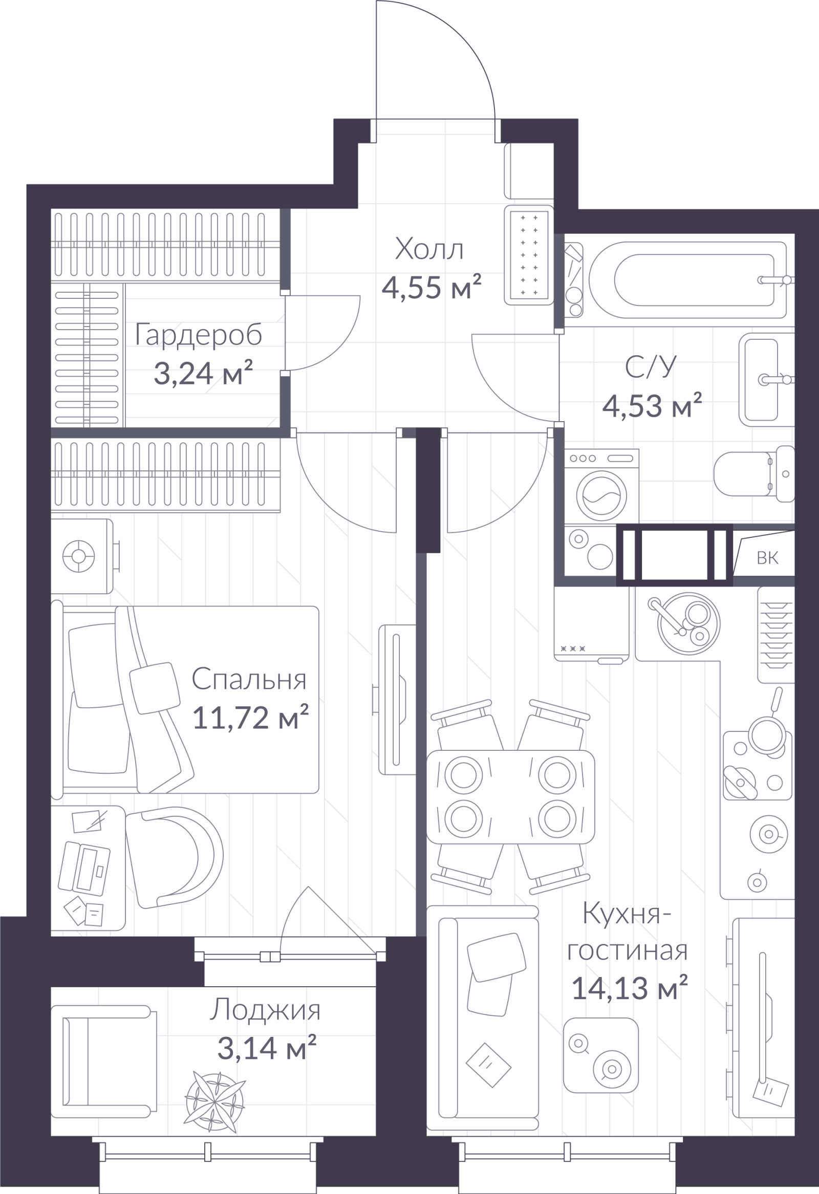 Планировка: 2-комнатная квартира, 39,7 м²