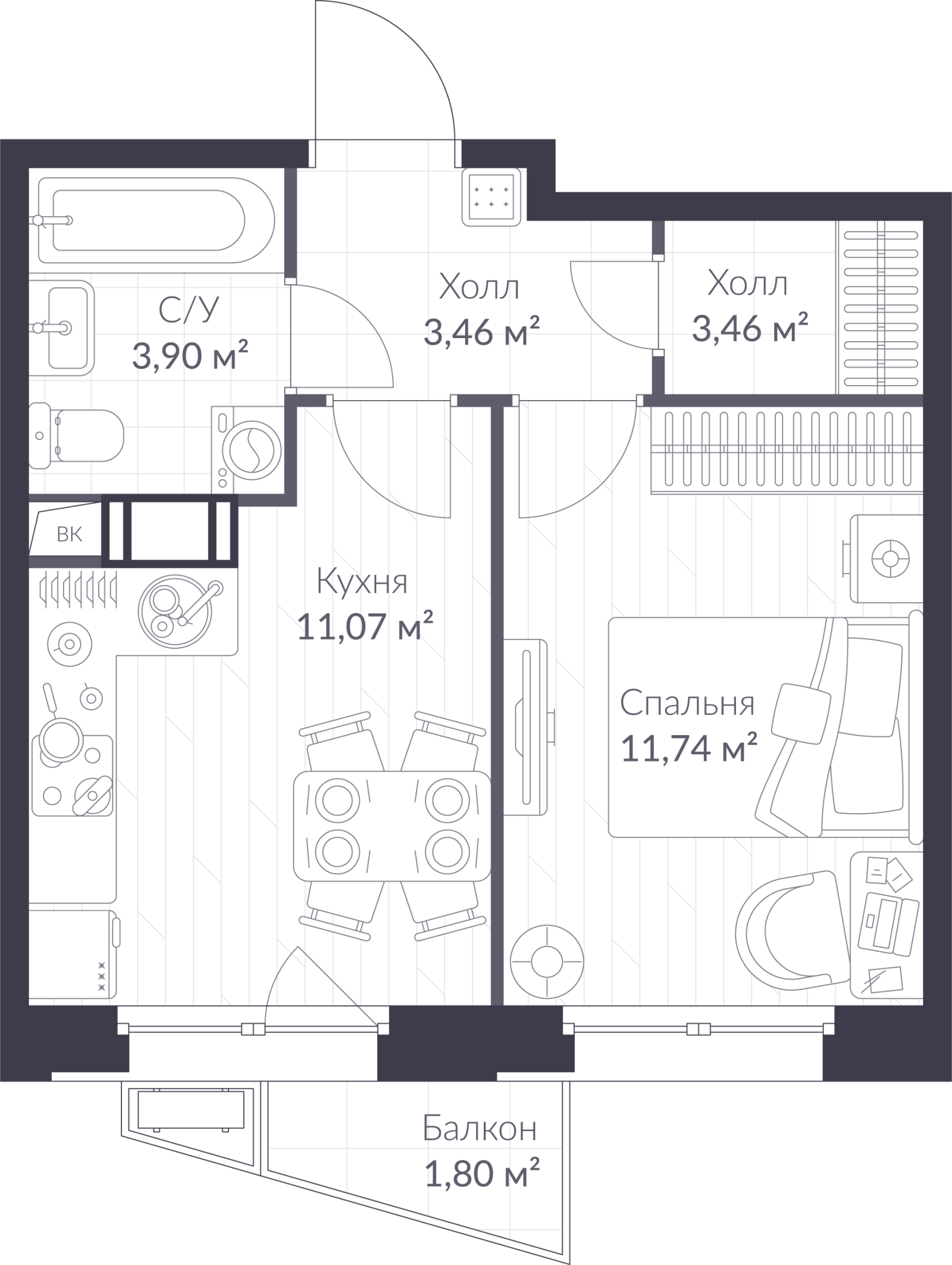 Планировка: 1-комнатная квартира, 32,8 м²