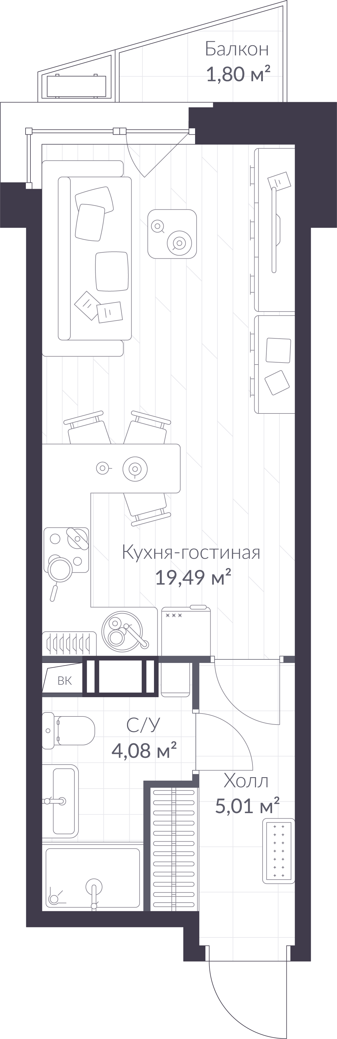 Планировка: студия, 29,1 м²