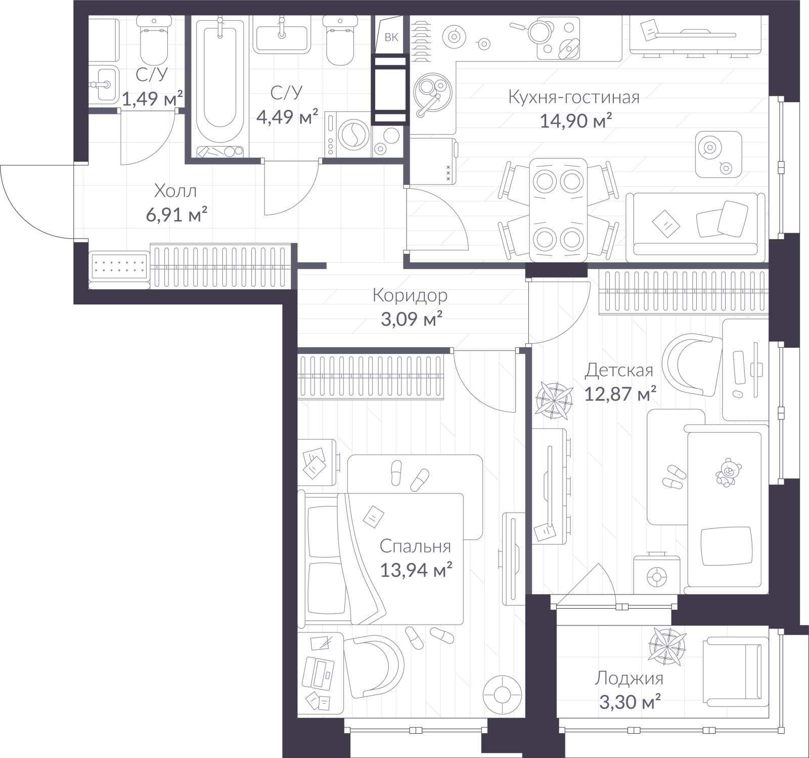 Планировка: 3-комнатная квартира, 59,3 м²