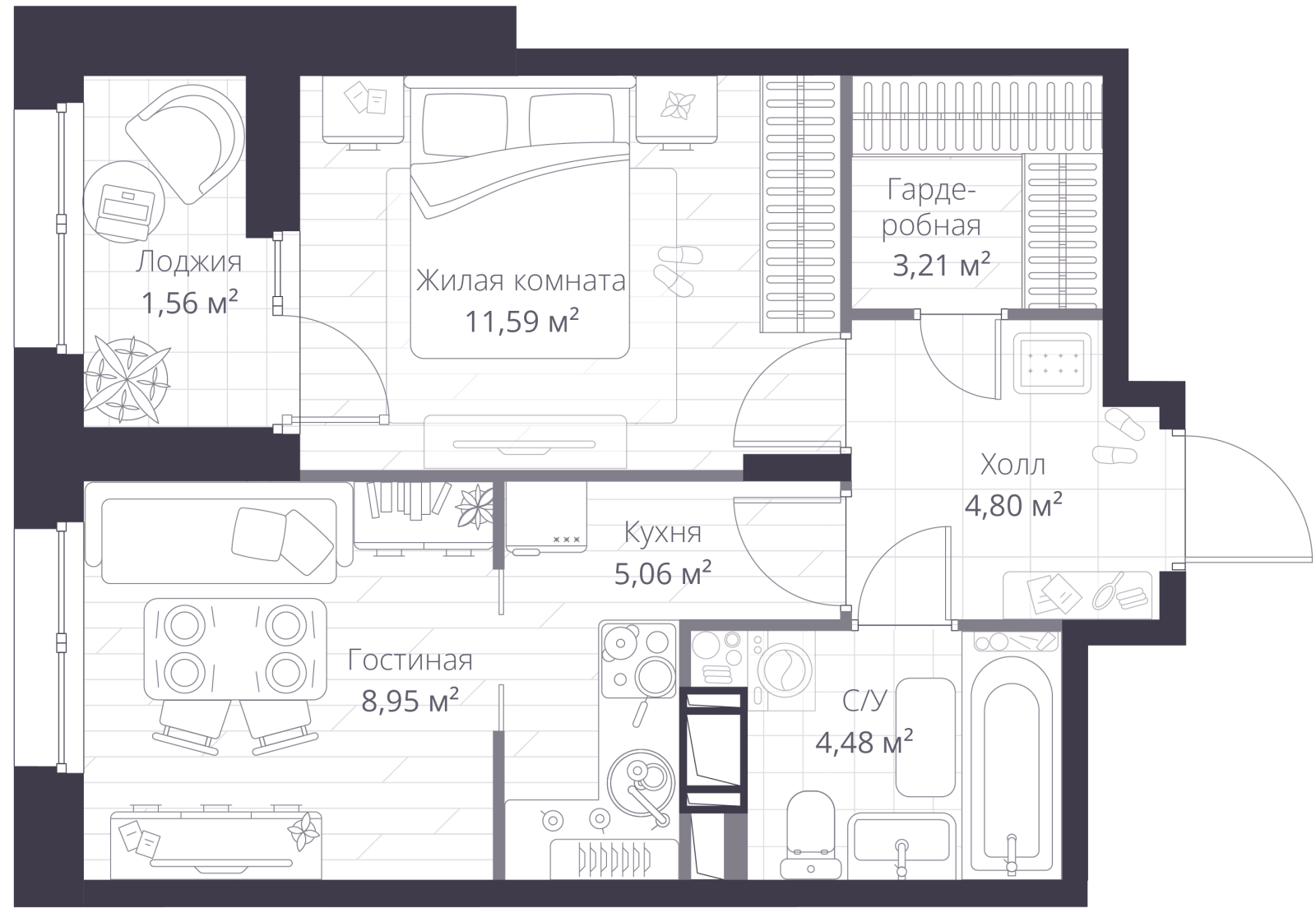 Планировка: 2-комнатная квартира, 39,8 м²