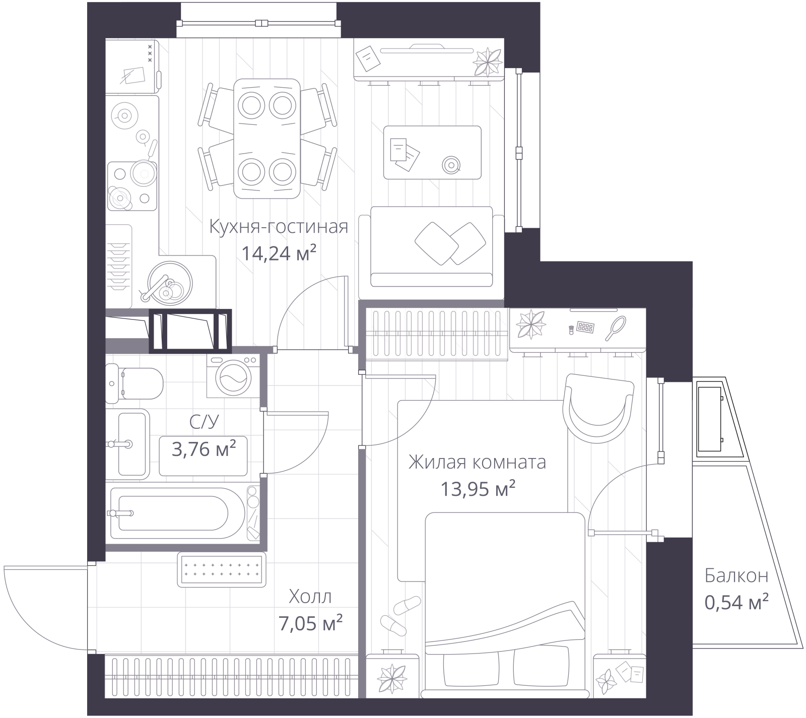 Планировка: 2-комнатная квартира, 39,8 м²