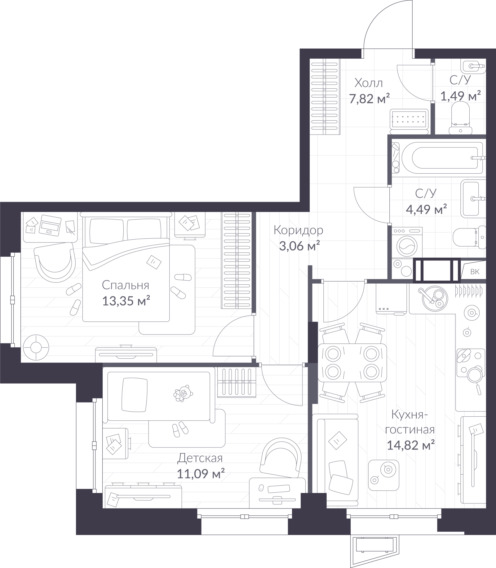 Планировка: 3-комнатная квартира, 56,1 м²