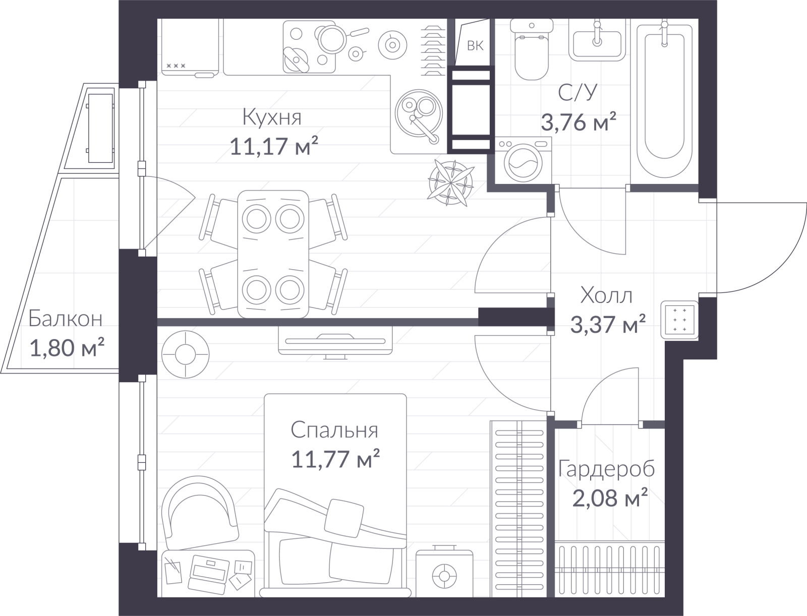 Планировка: 1-комнатная квартира, 32,7 м²