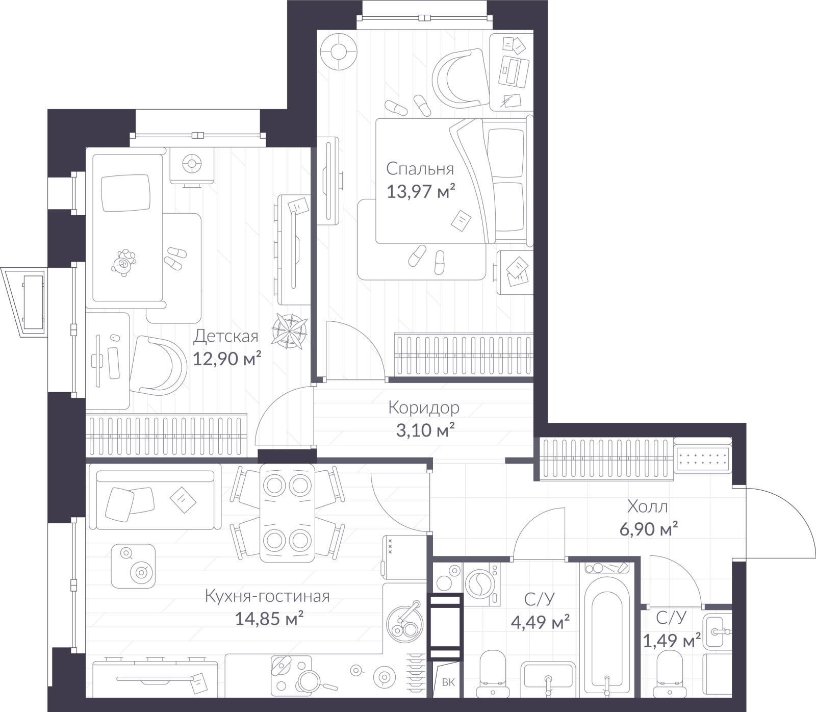 Планировка: 3-комнатная квартира, 57,7 м²